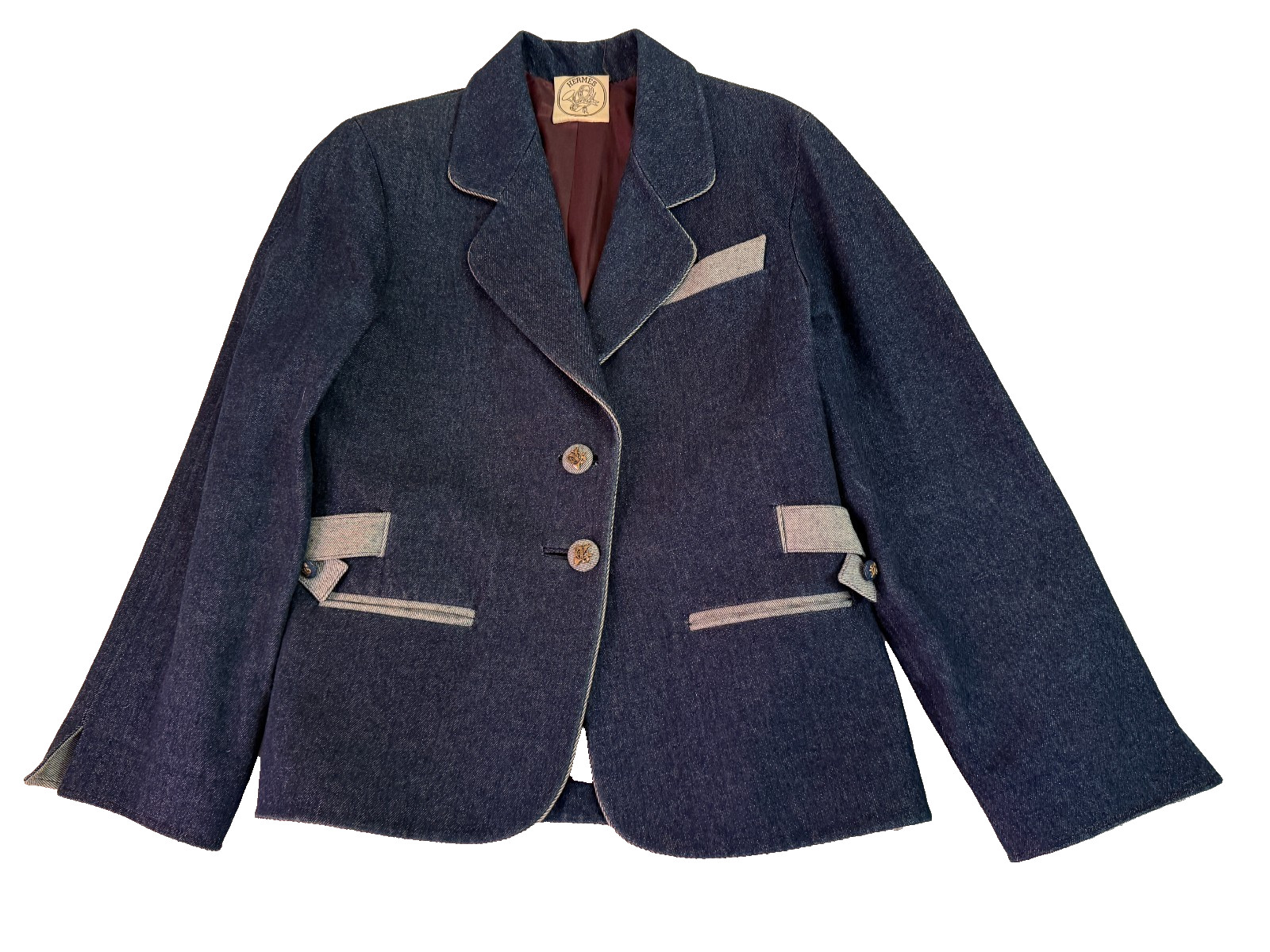 Vintage  Hermes Women\'s 100% Cotton Lined Two Button Denim Jacket Blazer SZ L