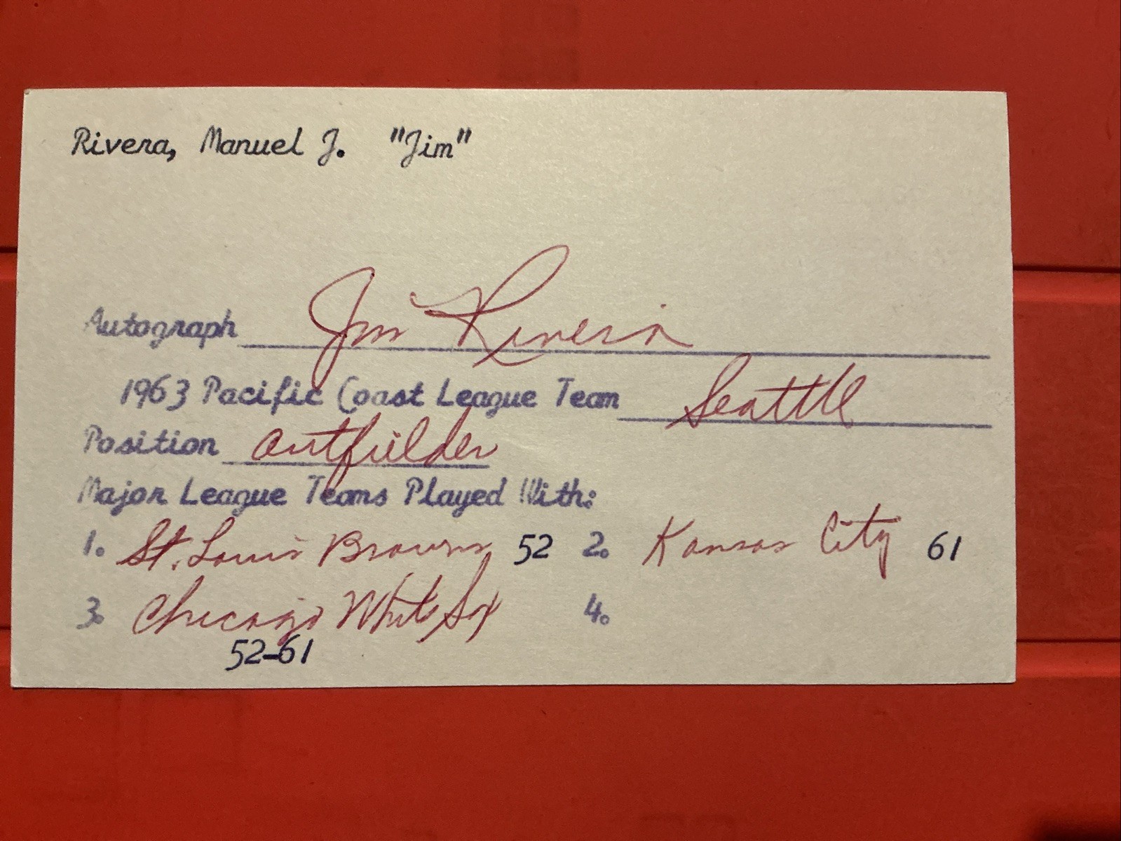 Jim Rivera🔥🔥🔥🔥MLB : 1952 St. Louis Browns 🔥🔥🔥🔥🔥🔥🔥🔥Autograph⚾️⚾️ Jim Rivera🔥🔥🔥🔥MLB : 1952 St. Louis Browns 🔥🔥🔥🔥🔥🔥🔥🔥Autograph⚾️⚾️