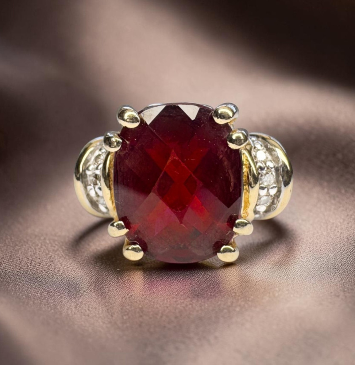VINTAGE 10K Gold Natural Indian Garnet & Diamond Ring Cushion Cut 4ctt.w. Size 6