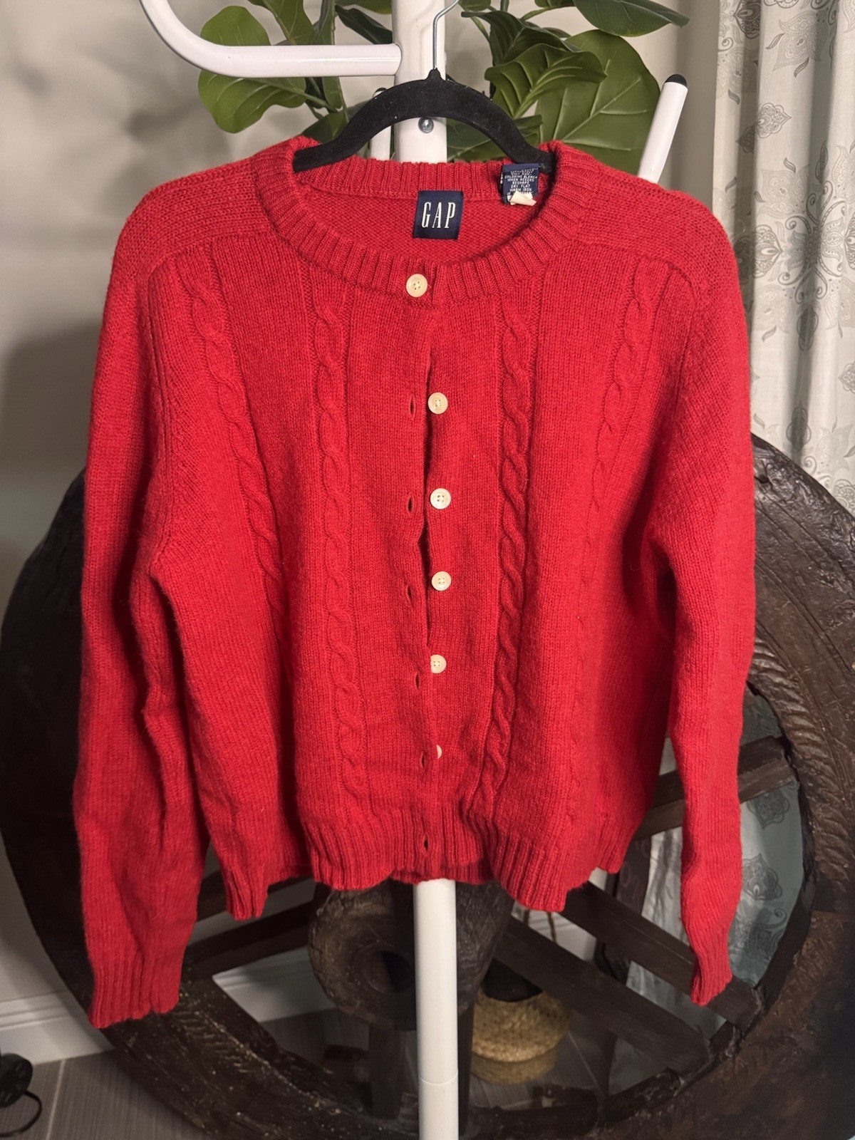 VTG 90s Gap 100% Wool Cardigan Red Cable Knit Button Sweater Cottagecore L