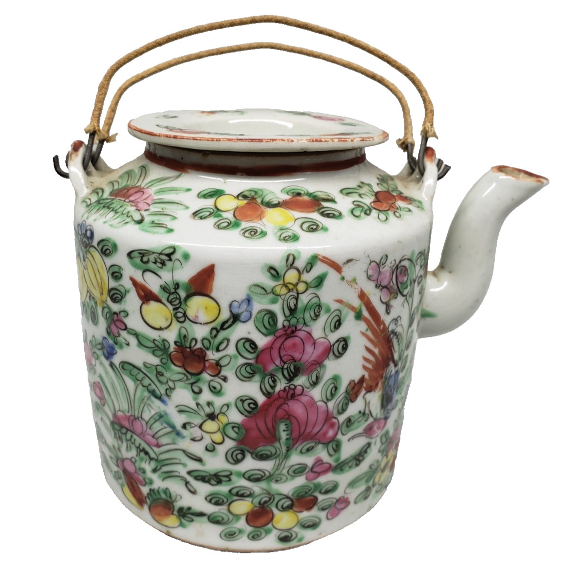 Antique 18thC Chinese Famille Rose Canton Porcelain Teapot Wire Handle 6