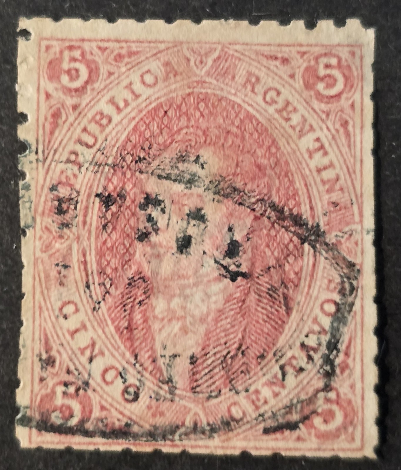 Argentina (Rivadavias) Scott #11 GJ #20 - A4 5c brown rose - Used - VF -See note Argentina (Rivadavias) Scott #11 GJ #20 - A4 5c brown rose - Used - VF -See note
