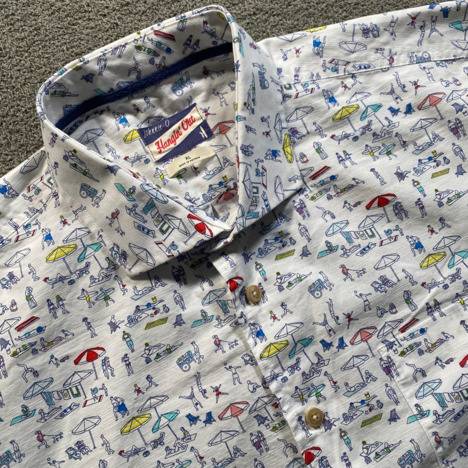 johnnie-O Hangin Out Mens XL Where\'s Jo Beach Print Short Sleeve Button Up Shirt