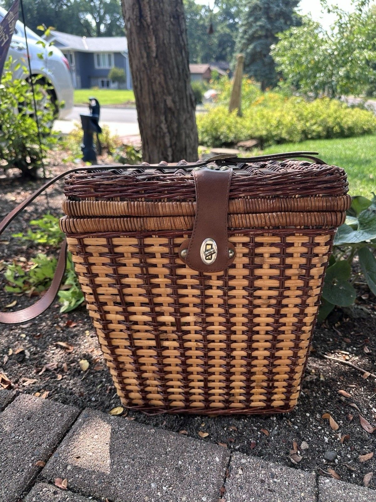 Vintage Wicker Picnic Basket Purse Green Gingham Lined Shoulder Bag Cottagecore