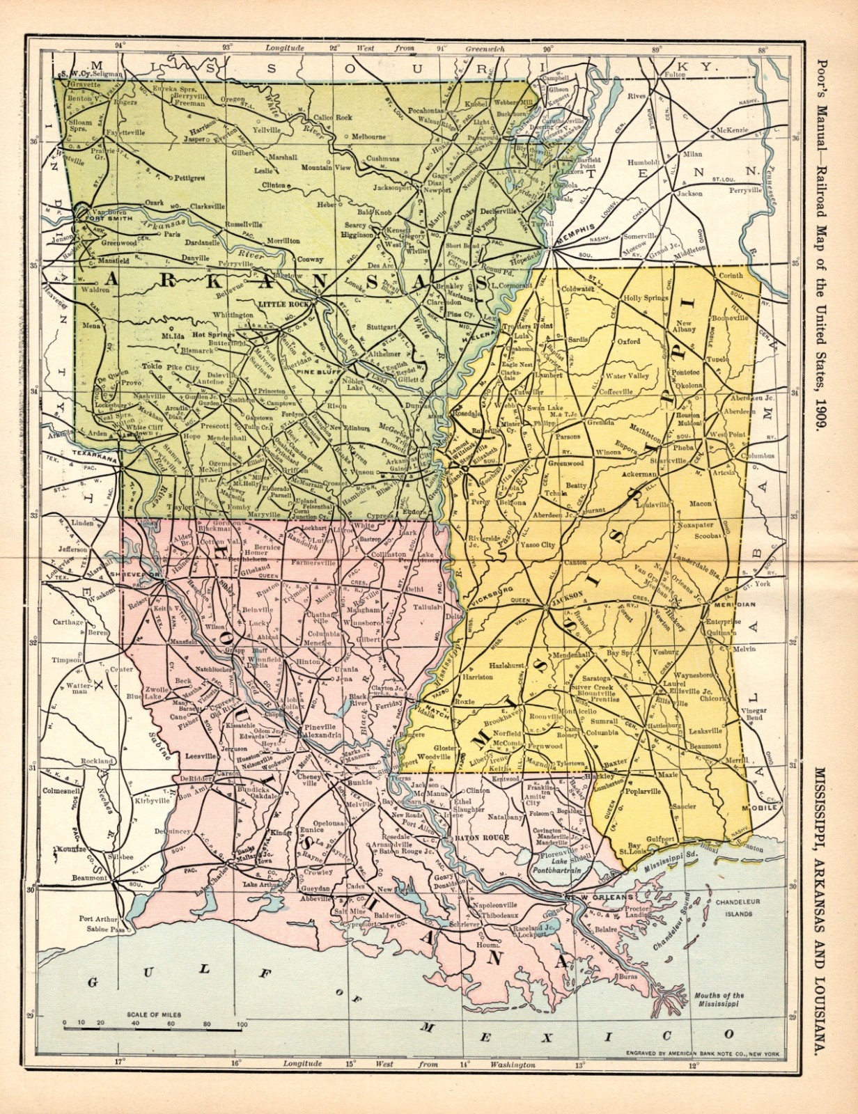 1909 Antique Mississippi Louisiana Arkansas Railroad Map Railway Map 3217