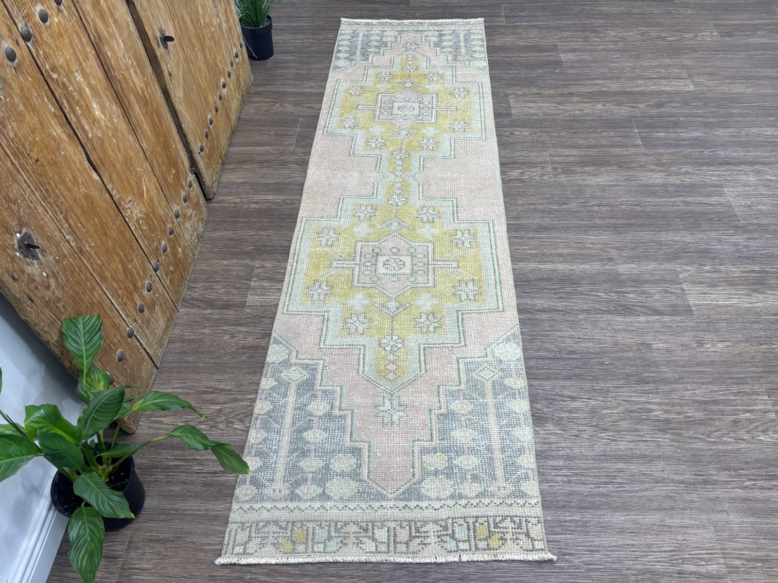 2x8 Vintage Turkish Hallway Runner, Hand-Knotted Wool Blush Pink & Mustard Rug