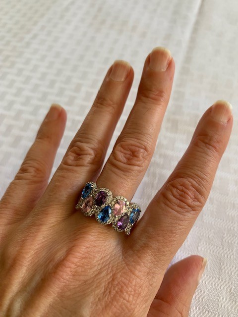 GORGEOUS Sz 11 JTV Ring Multicolor Cubic Zirconia Gemstone purple, blue, peachy