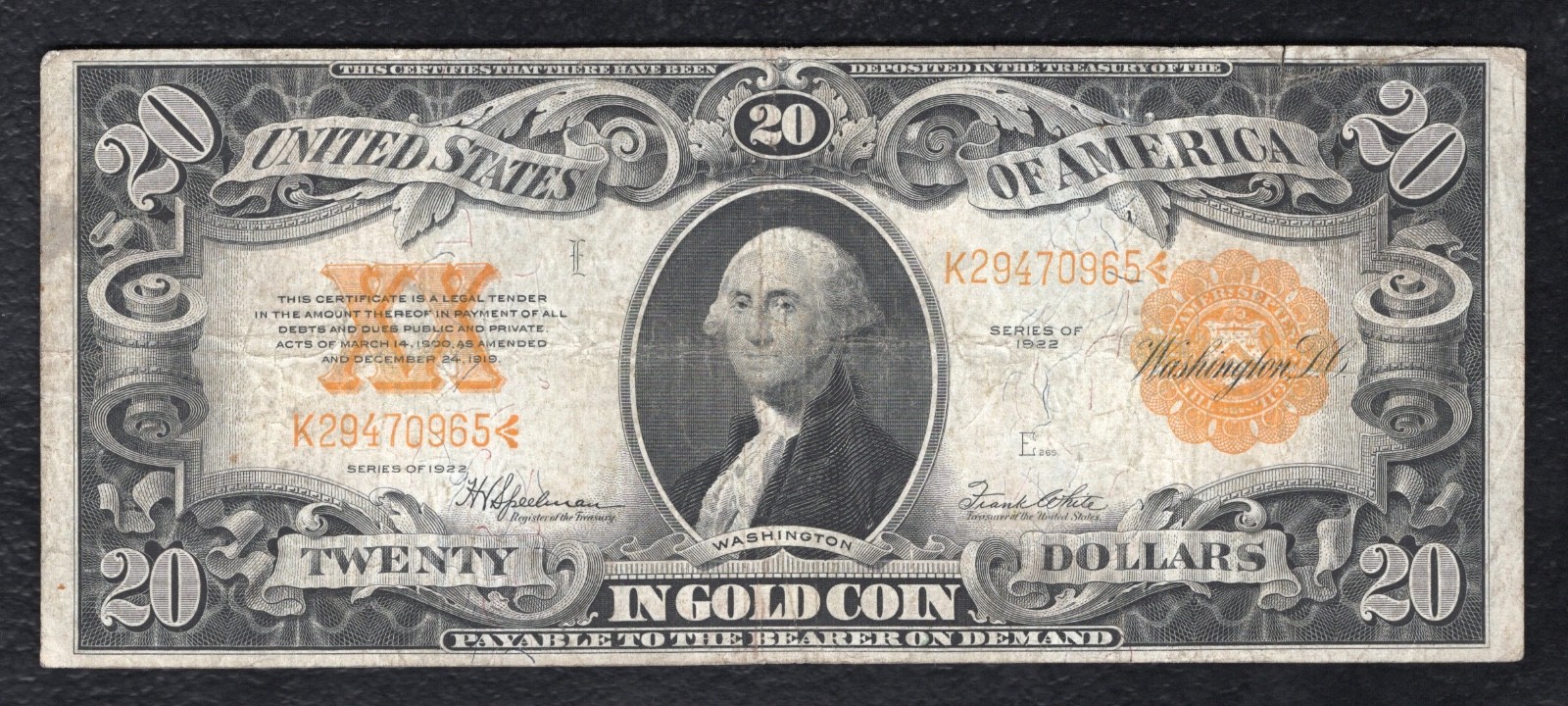 FR. 1187 1922 $20 TWENTY DOLLARS GOLD CERTIFICATE CURRENCY NOTE VERY FINE