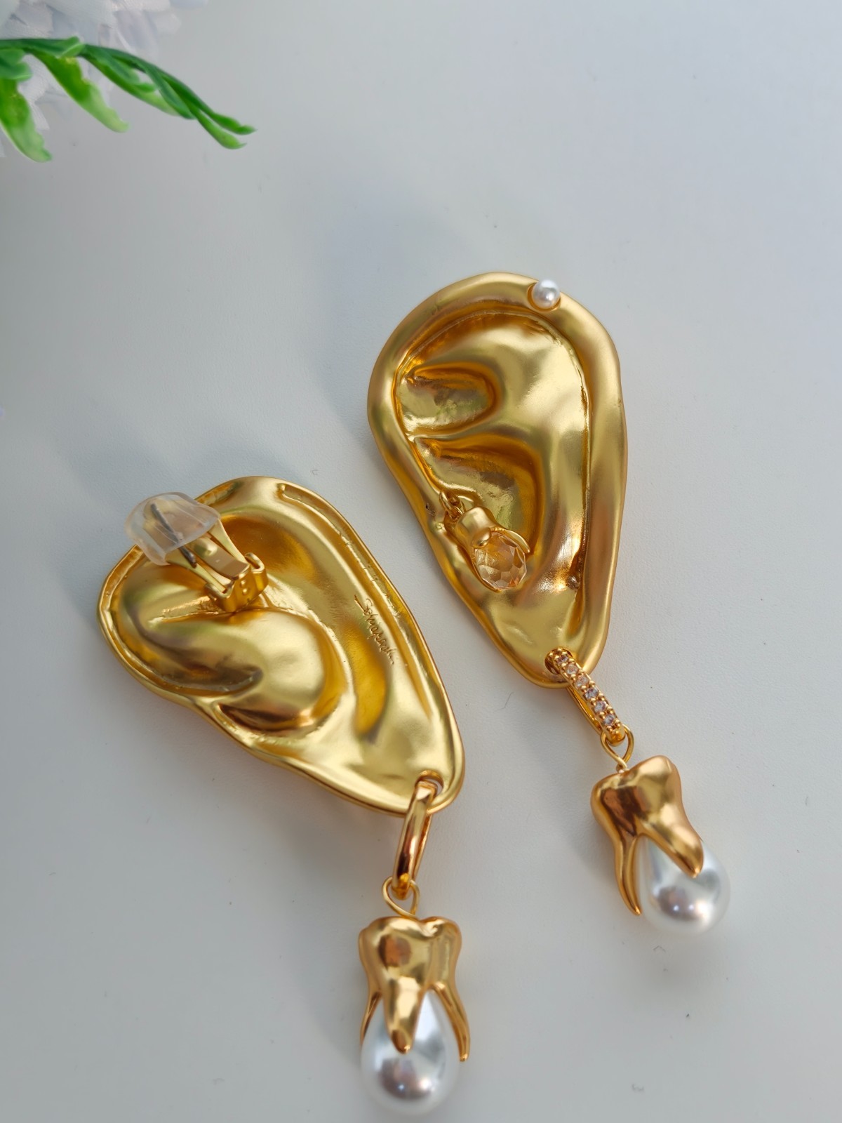 Schiaparelli Gold Surreal Ear Tooth Pearl Crystal Couture Clip On Earrings Schiaparelli Gold Surreal Ear Tooth Pearl Crystal Couture Clip On Earrings