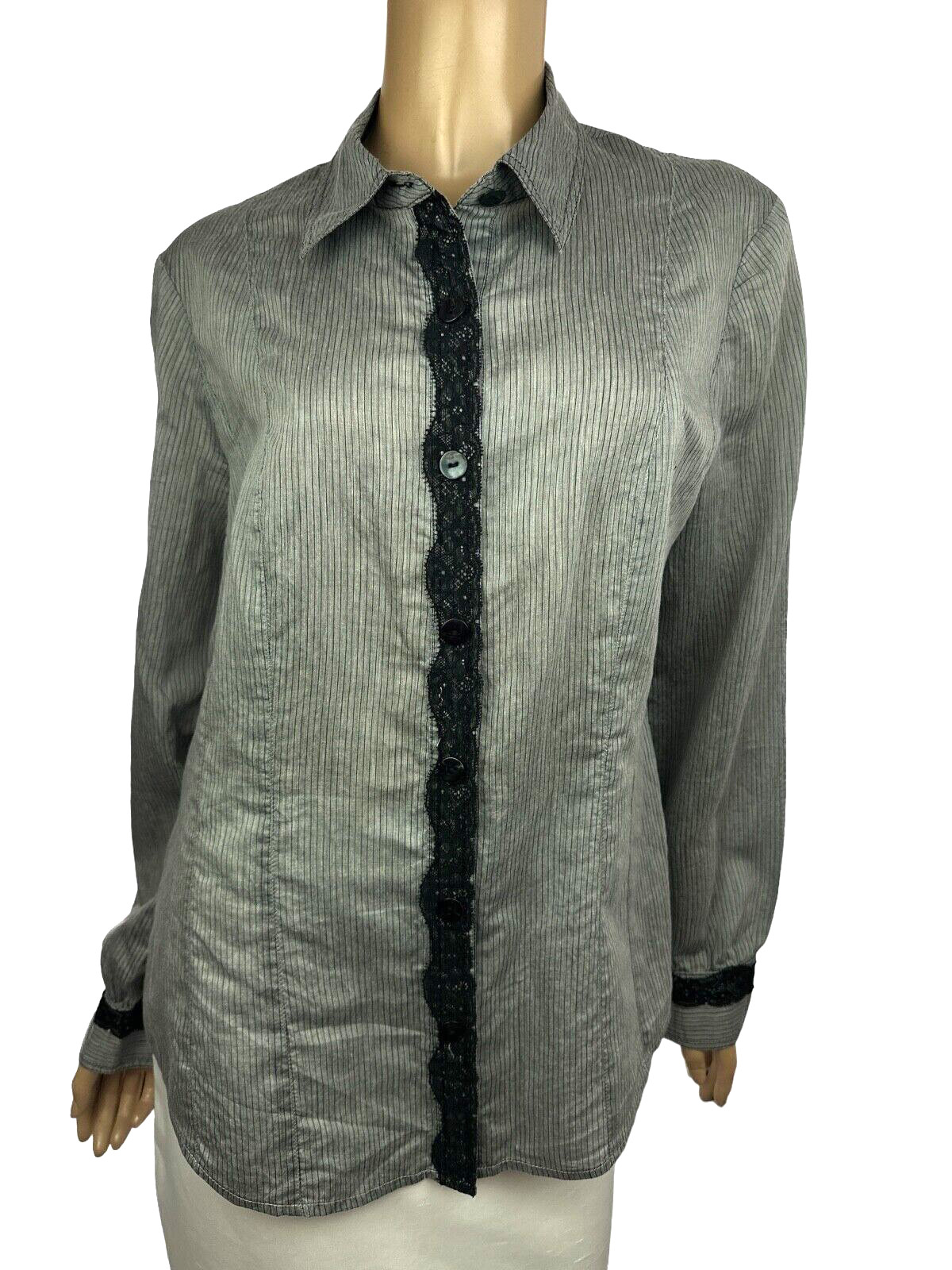 Chico\'s Blouse Sz 2/L Button-Up Gray w Black Stripes & Lace Long Sleeve Rayon/Sp