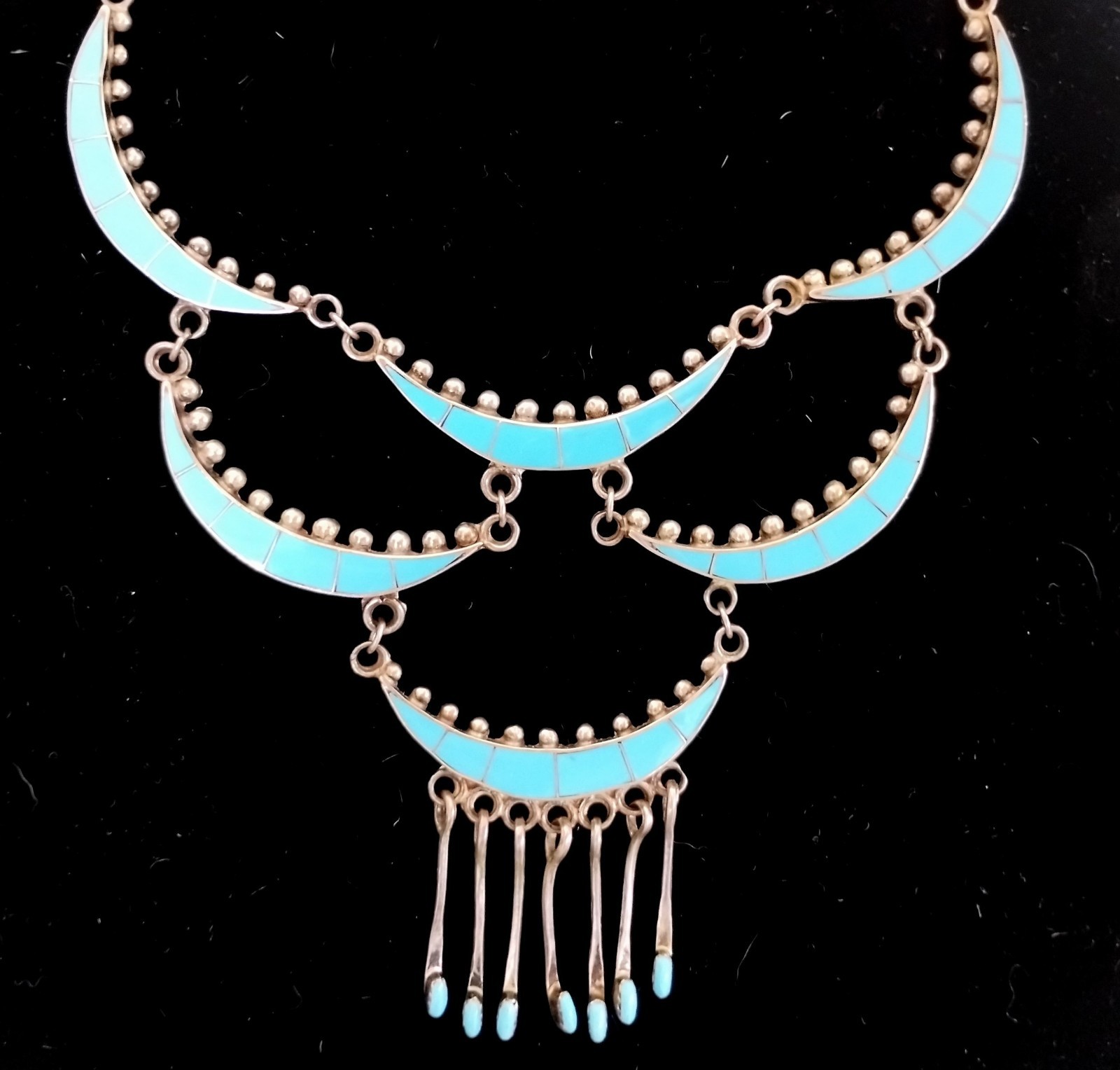 NATIVE AMERICAN TURQUOISE INLAY NECKLACE Wonderful 3 Tiers Zuni 50 grams
