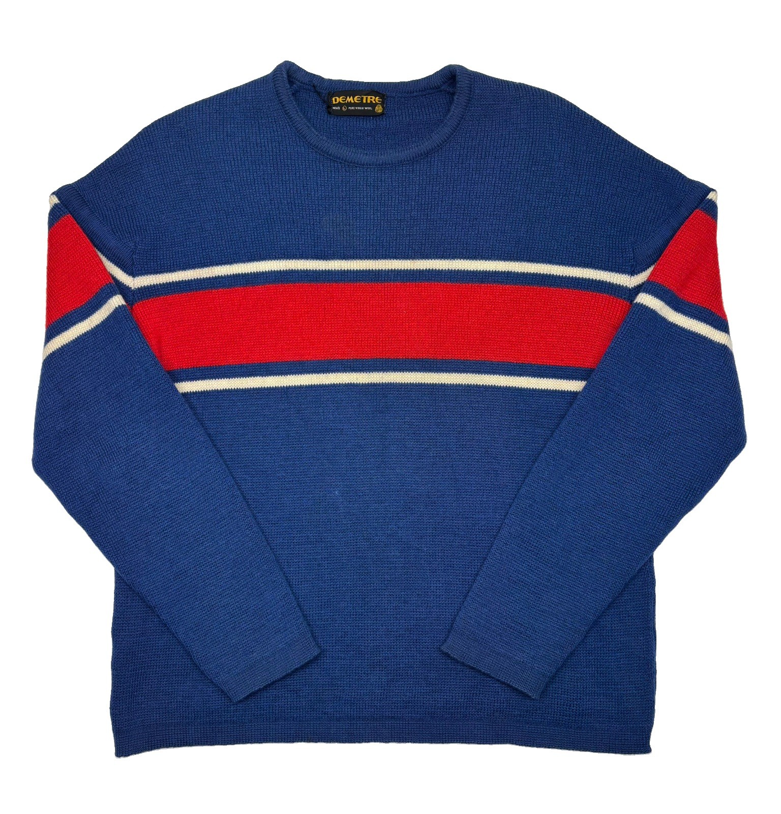 Vintage Demetre Virgin Wool Sweater Men’s Size Large Blue Red Striped USA Made Vintage Demetre Virgin Wool Sweater Men’s Size Large Blue Red Striped USA Made