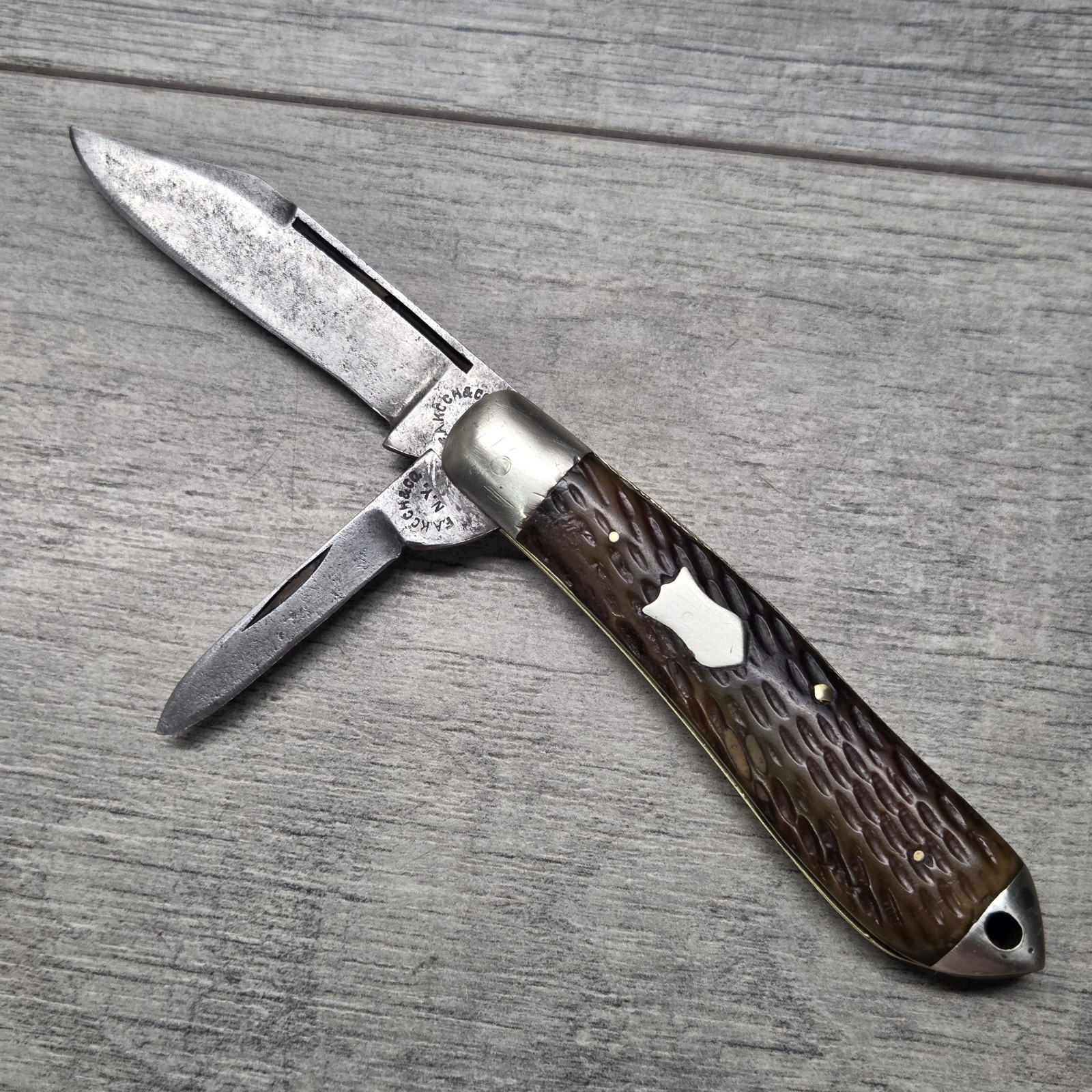 Antique E.A. Kocher & Co NY 2 Blade Jigged Bone Pocket Knife Strong Snap