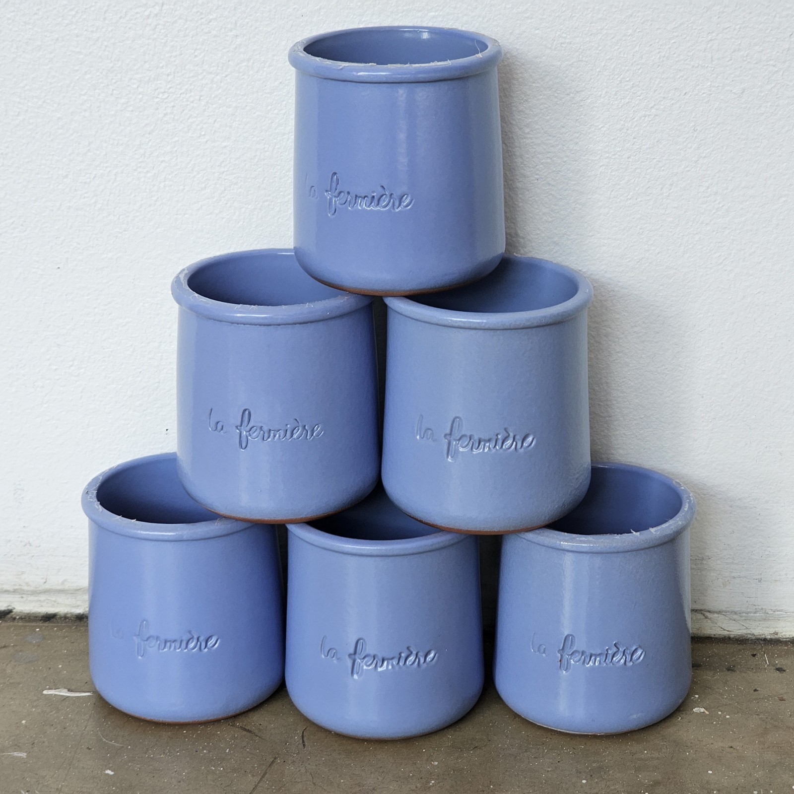 Lot of 6 La Fermiere PERIWINKLE BLUE Glazed Terracotta Yogurt Pots