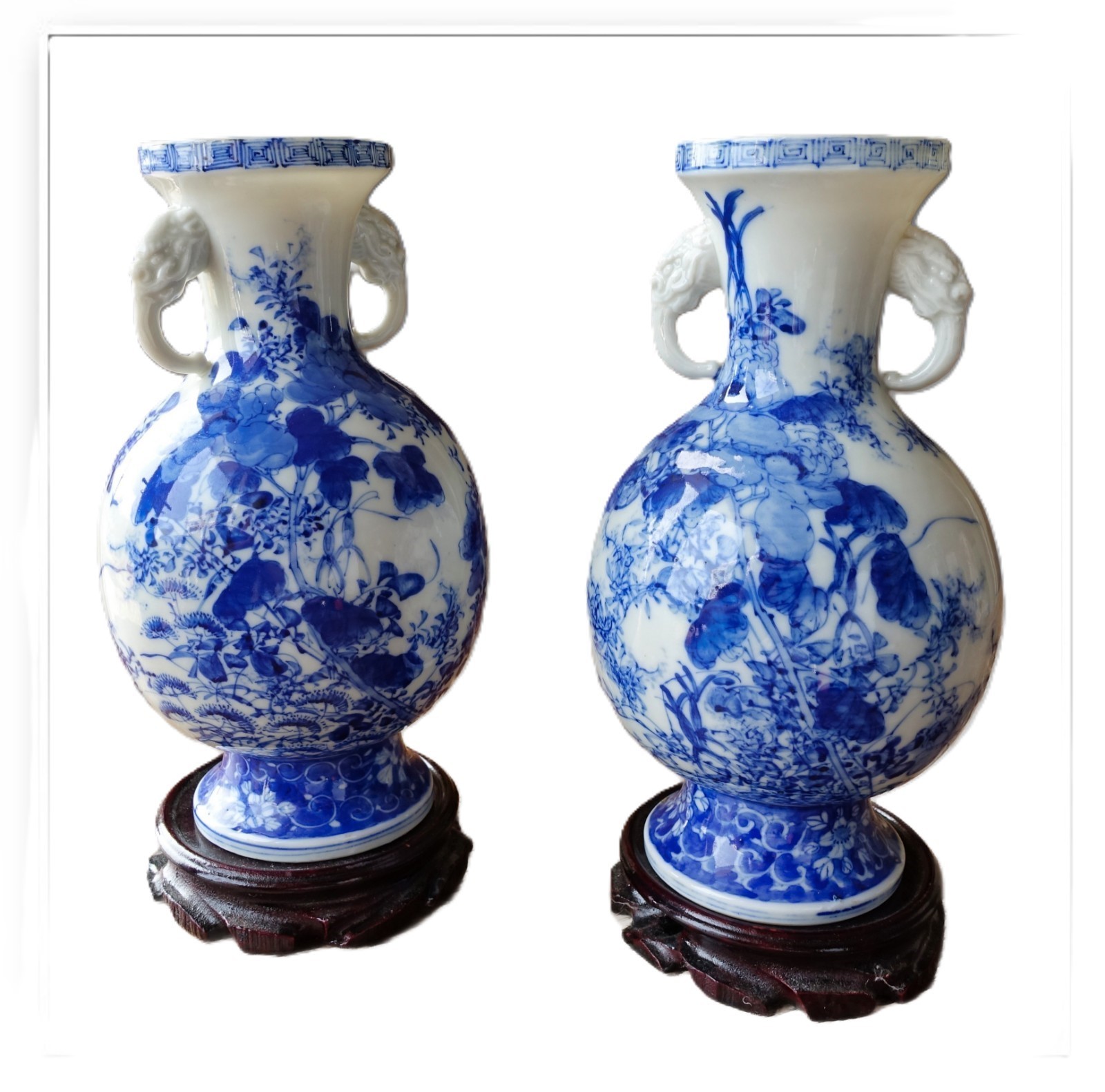 Antique Japanese Meiji Seto Blue White Porcelain Vases – Elephant Handles 21cm