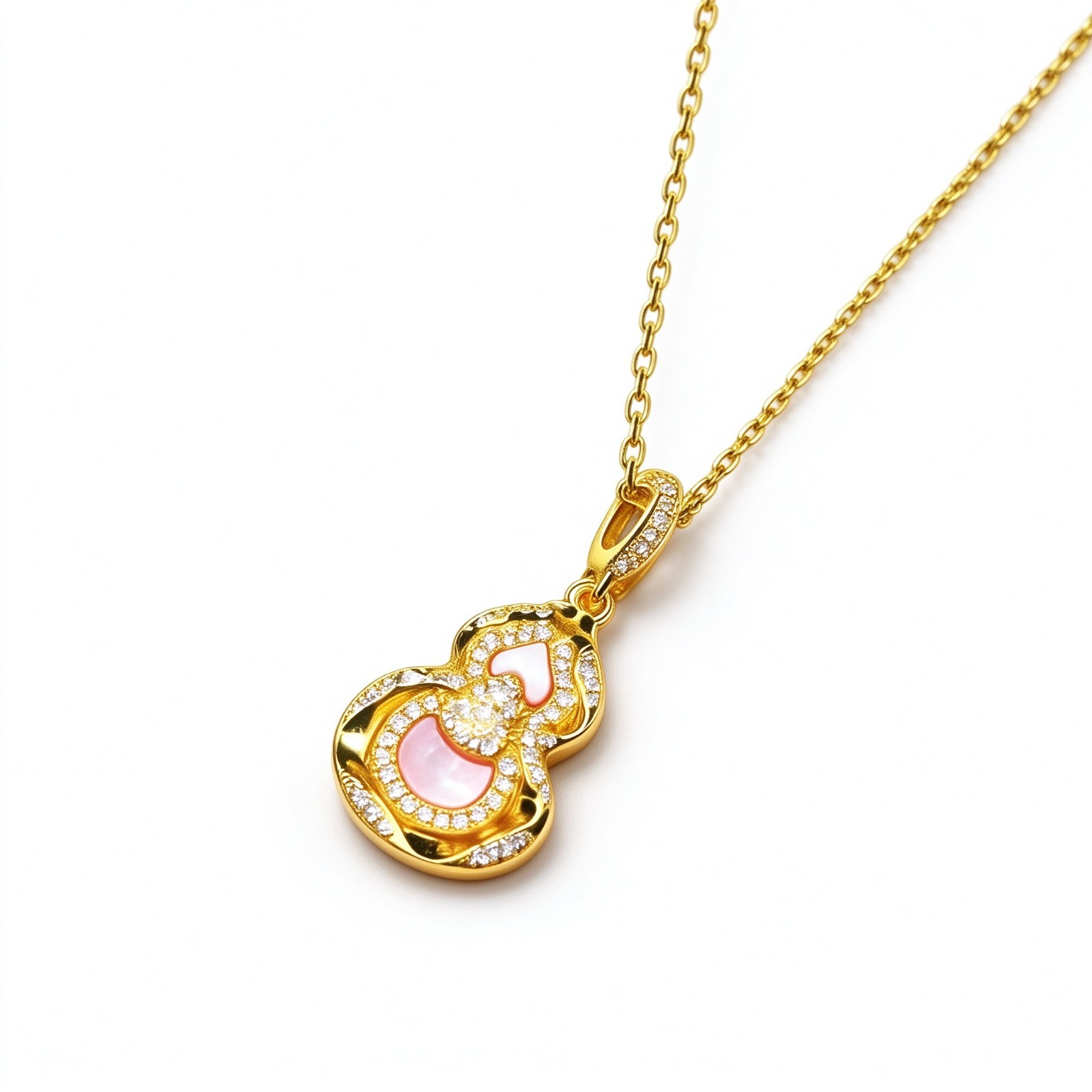 Gold Tone Pink Mother of Pearl Gourd Hulu CZ Pendant Necklace Women Lucky Gift Gold Tone Pink Mother of Pearl Gourd Hulu CZ Pendant Necklace Women Lucky Gift