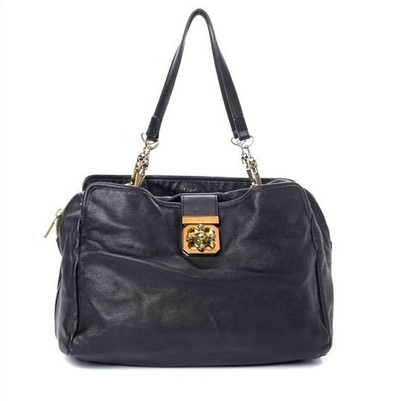 Chloe Elsie Women\'s Black Calfskin Leather Double Handle Zipper Shoulder Bag