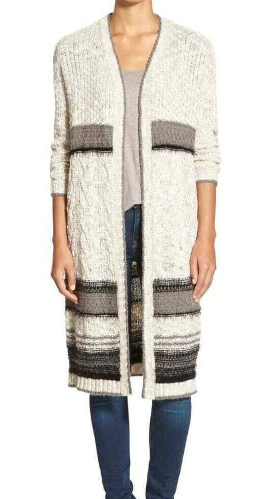 DEX 1963 Duster Cardigan Open Front Size XS Beige Gray Long Combo Knit
