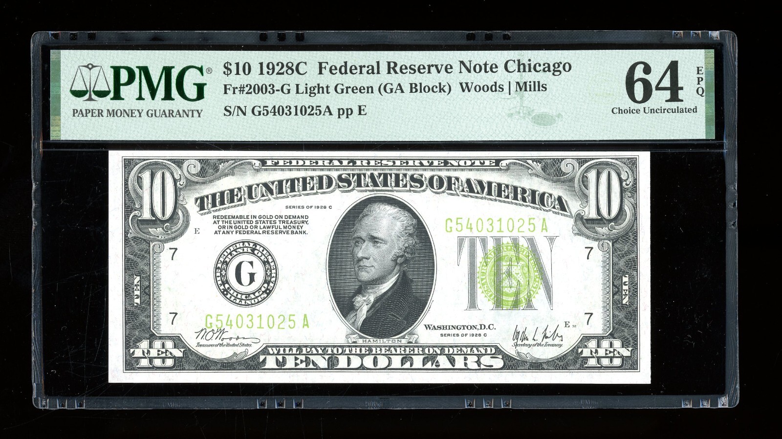 DBR scarce 1928-C $10 LGS FRN Chicago Fr. 2003-Glgs PMG 64 EPQ Serial G54031025A