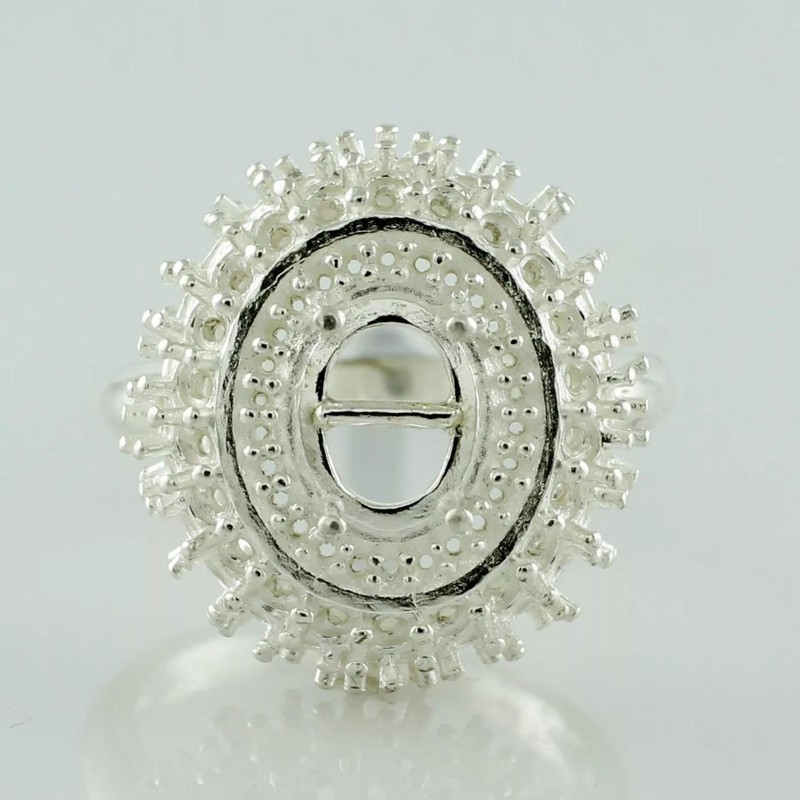 14x10mm Oval Semi Mount Ring 925 Sterling Silver Sunburst Double Halo Ring