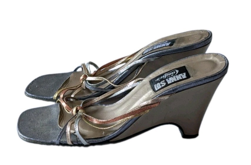 Rare Vintage Y2K Anna Sui For Candie\'s Metallic Strappy Wedge Slide Sandals