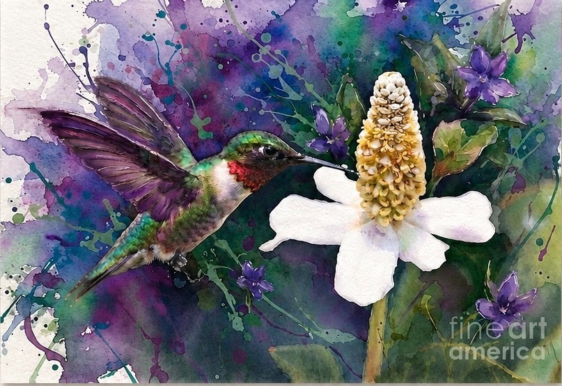 Original Hand Painted Hummingbird White Flower Colorful Bird Painting