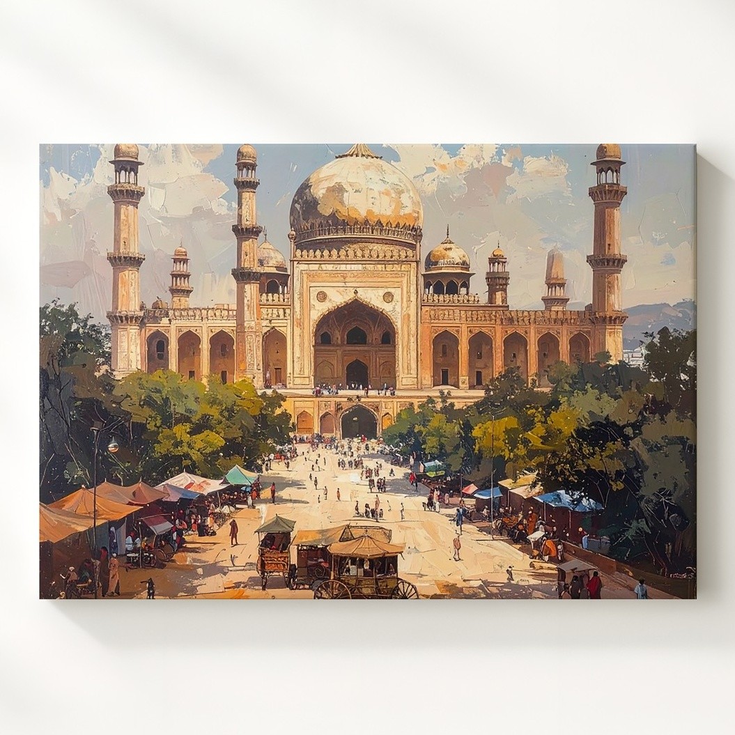 Charminar Market Scene Canvas Historic Hyderabad Monument Wall Art