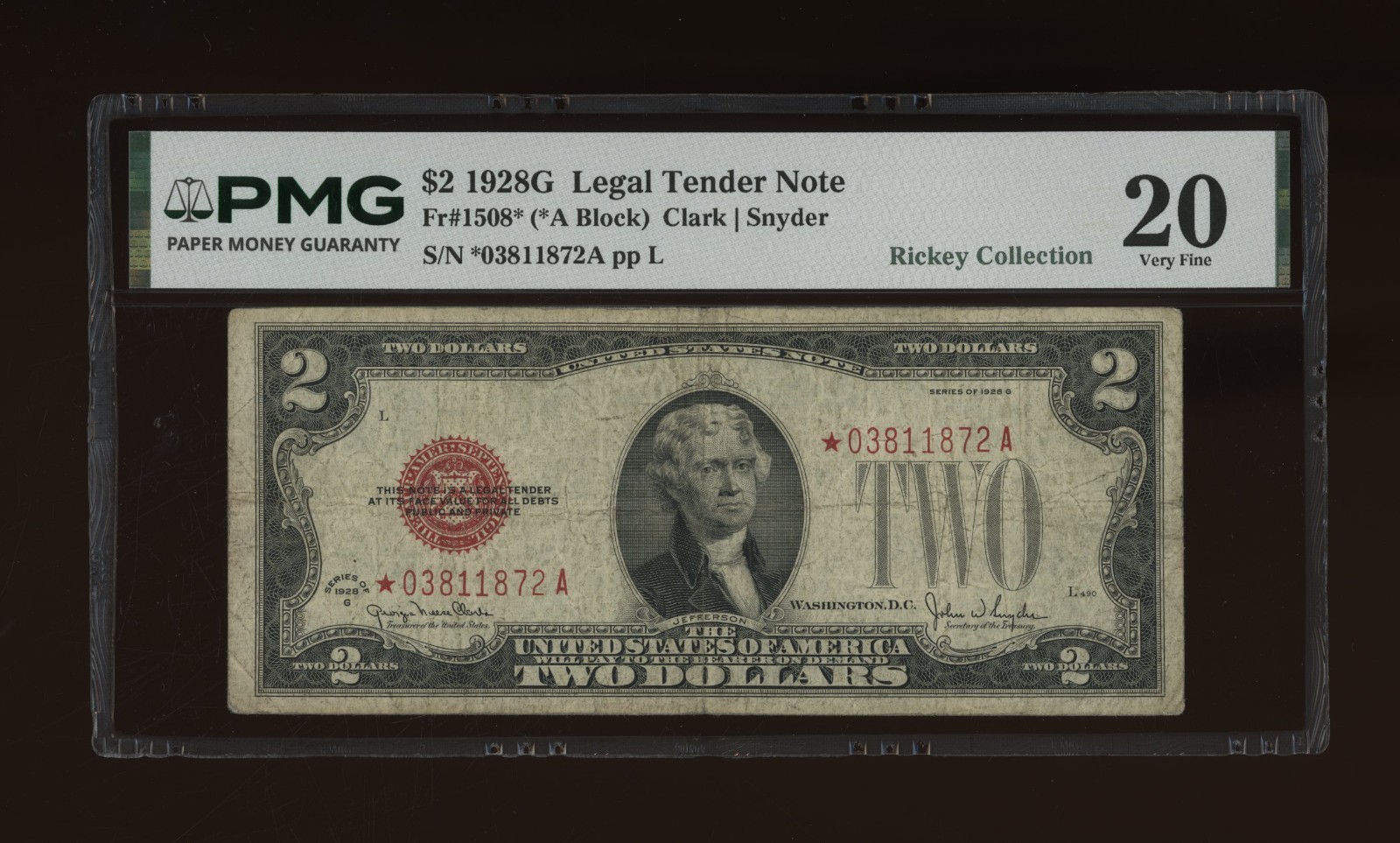 DBR 1928-G $2 Legal STAR Fr. 1508* PMG VF-20 Serial *03811872A DBR 1928-G $2 Legal STAR Fr. 1508* PMG VF-20 Serial *03811872A