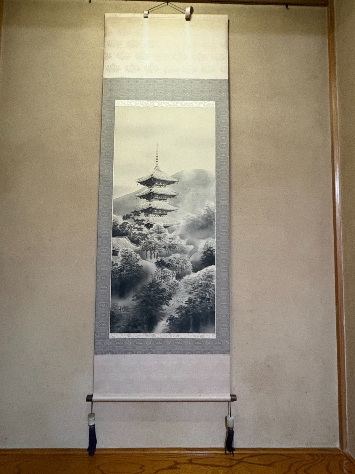 Japanese Hanging Scroll Kakejiku Ink Painting Pagoda Temple Landscape Vintage