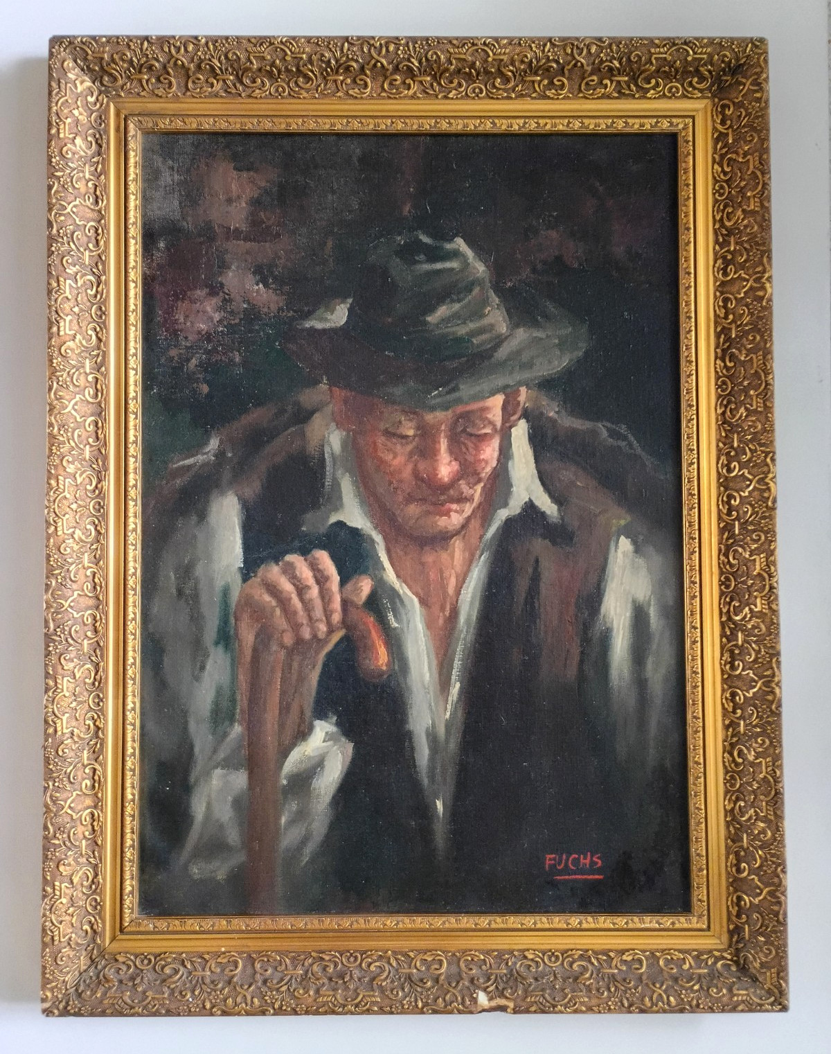 ORIGINAL VINTAGE OLD MAN w/ CANE PORTRAIT OIL PAINTING ON CANVAS SIGNED FUCHS