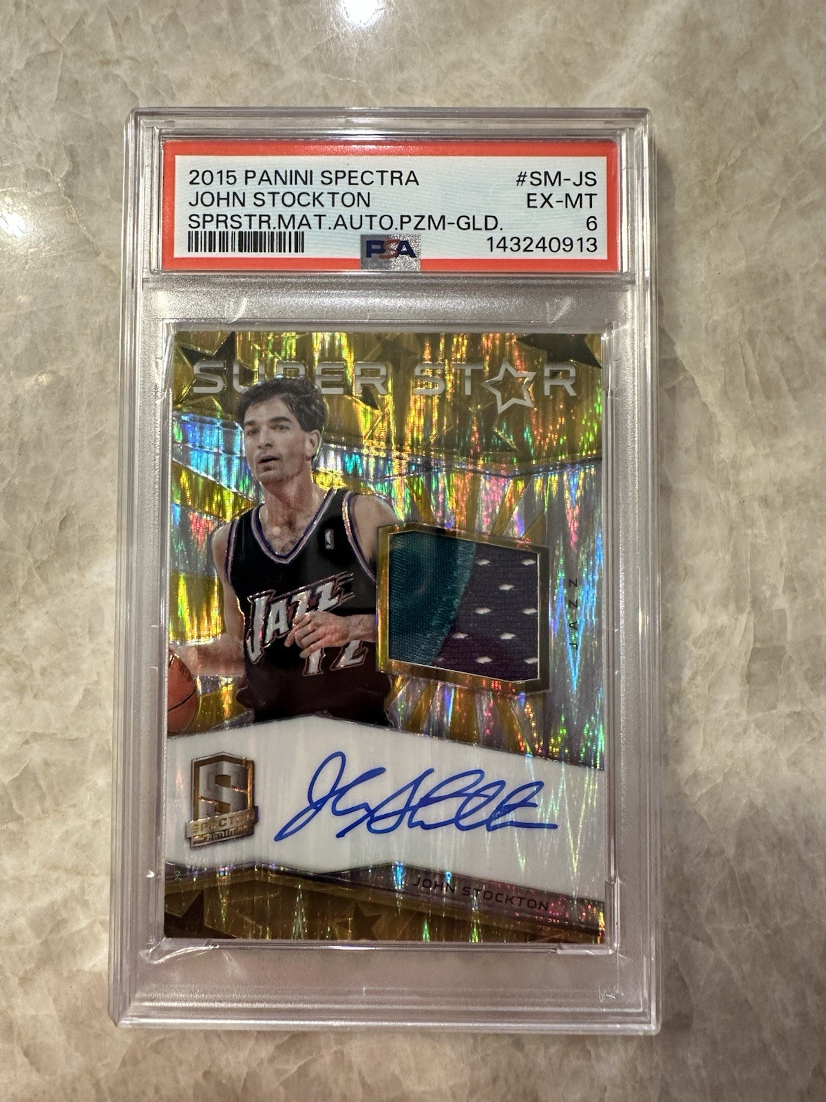 2015-16 Panini Spectra - Superstar Materials Auto John Stockton #SM-JS /10 PSA 6 2015-16 Panini Spectra - Superstar Materials Auto John Stockton #SM-JS /10 PSA 6