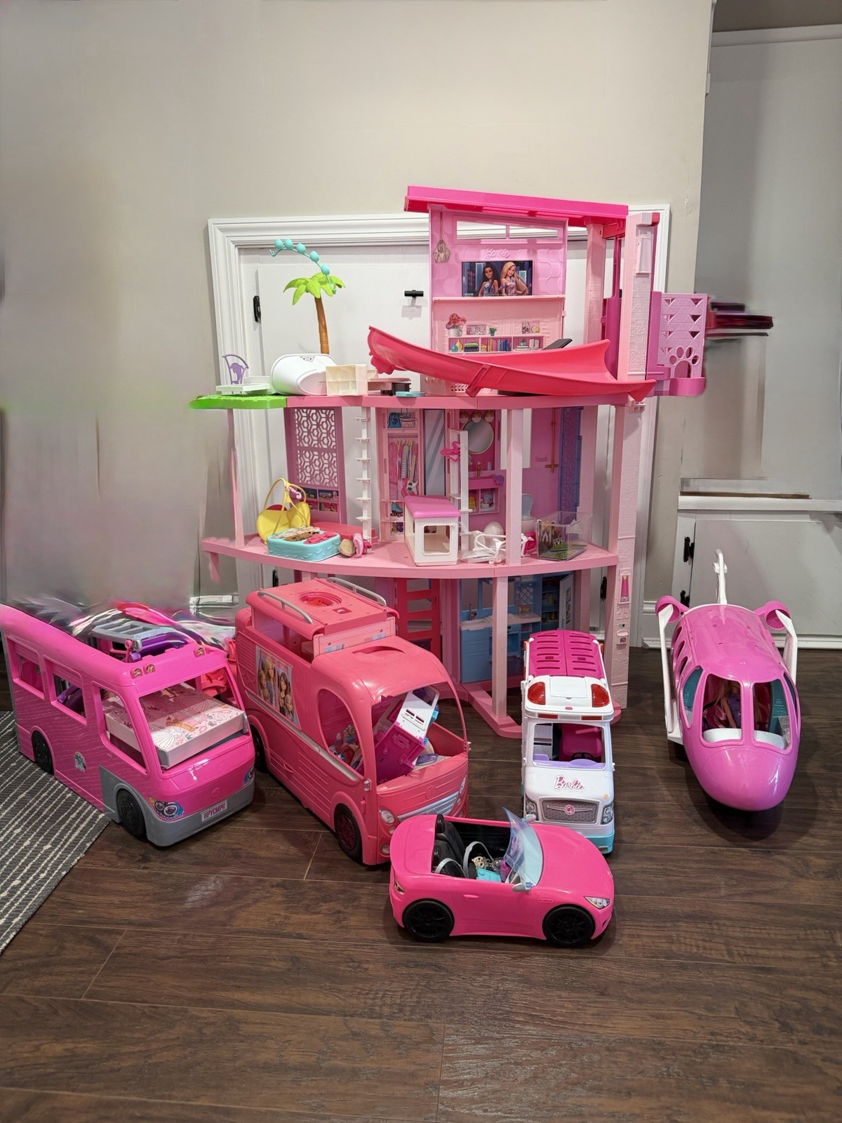 Barbie Dream House Pink Lot with Car, Camper, Ambulance, Jet Included Barbie Dream House Pink Lot with Car, Camper, Ambulance, Jet Included