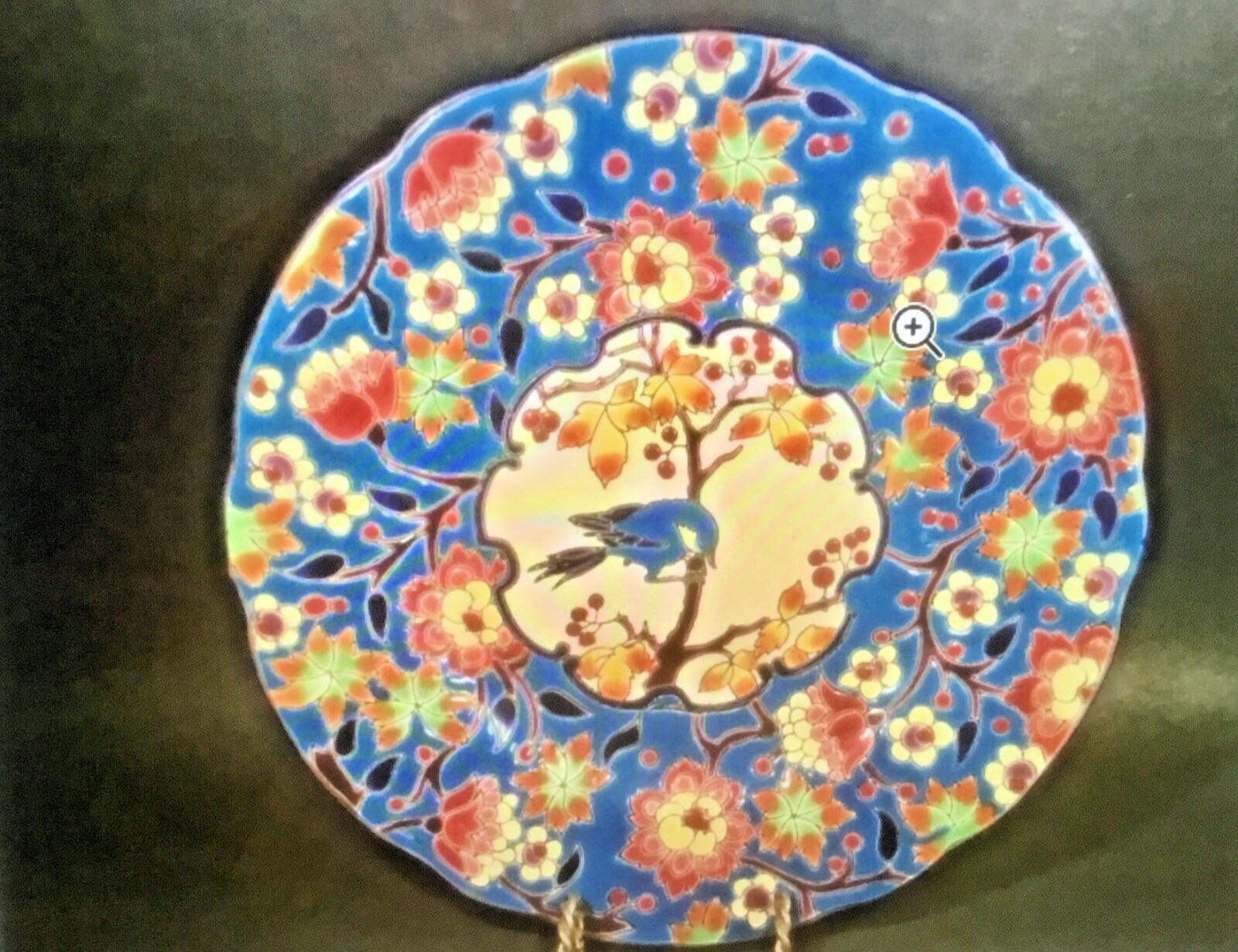 Antique French Longwy Enameled Majolica Cloisonné Platter with Blue Finch Bird