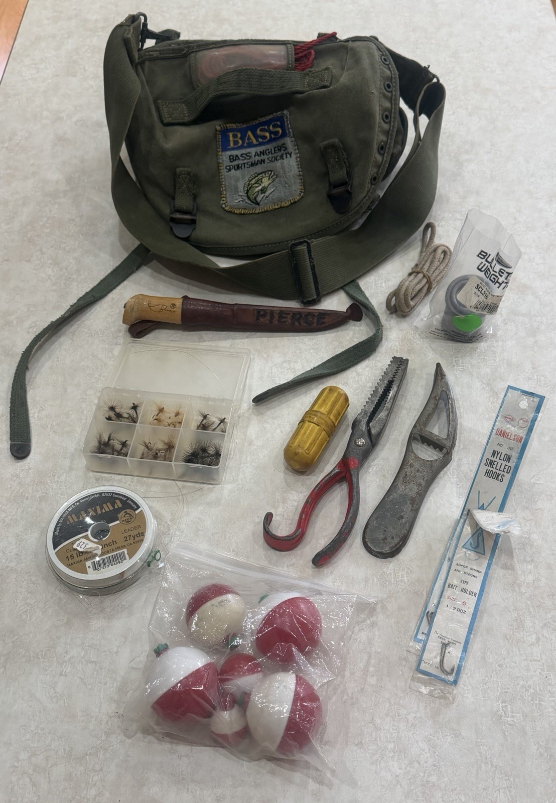 Vtg US Military M17A2 Bag Named Pierce Fishing Lot Rapala Knife Detty Gripper