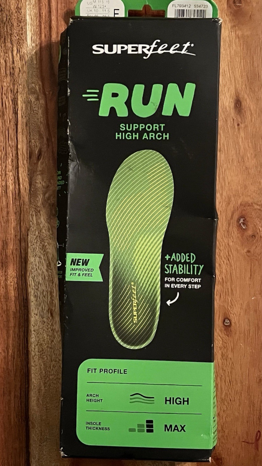 Superfeet RUN Support High Arch Insoles Running Shoes Green Trim-to-Fit