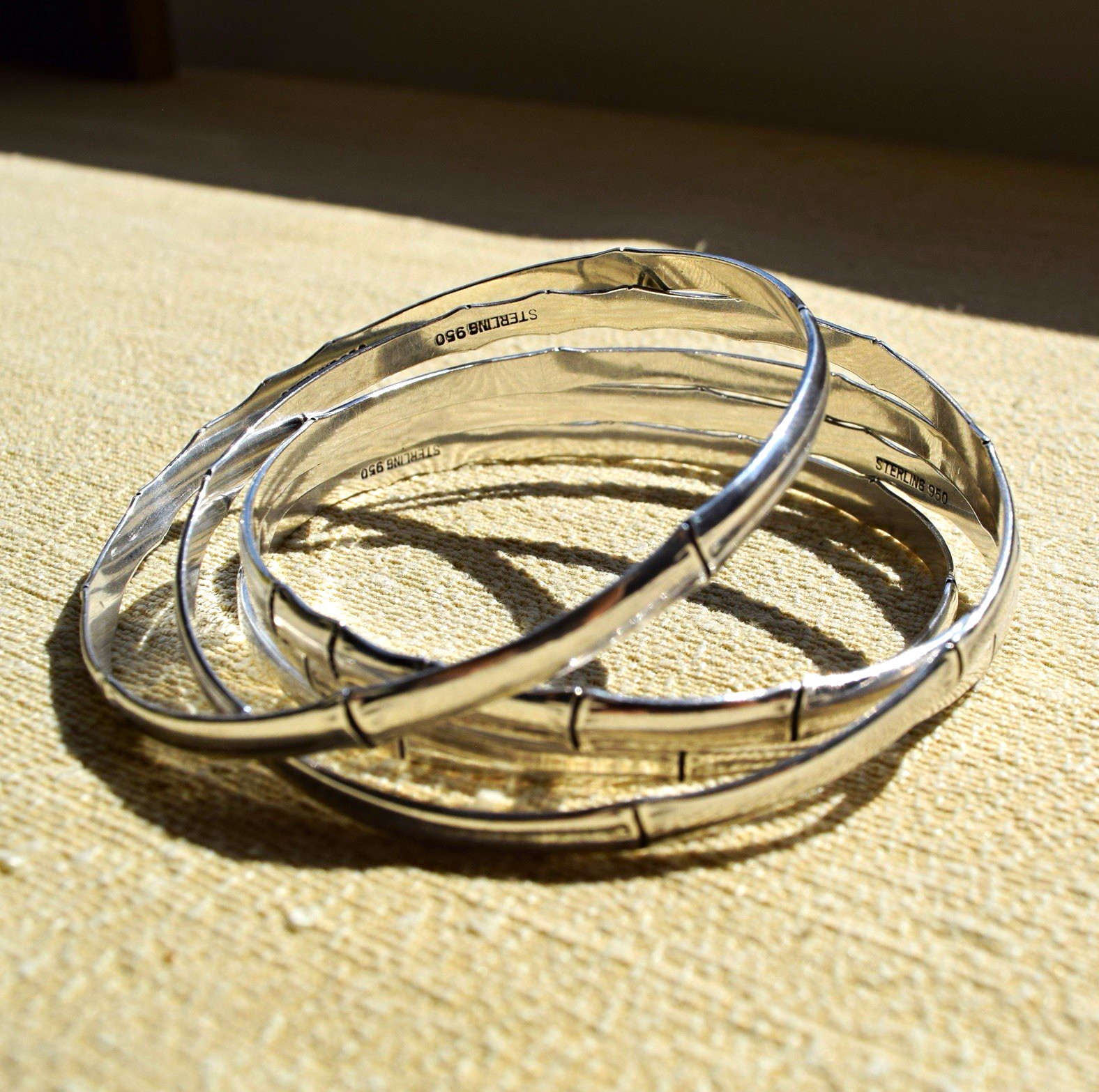 950 Sterling Silver Bamboo Bangle Bracelets Stack Set of 5 Textured Mid Century