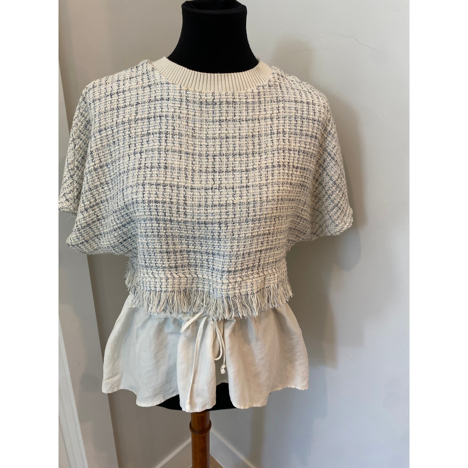 Zara Tweed Silk Peplum Top Blue White Fringe Short Sleeve