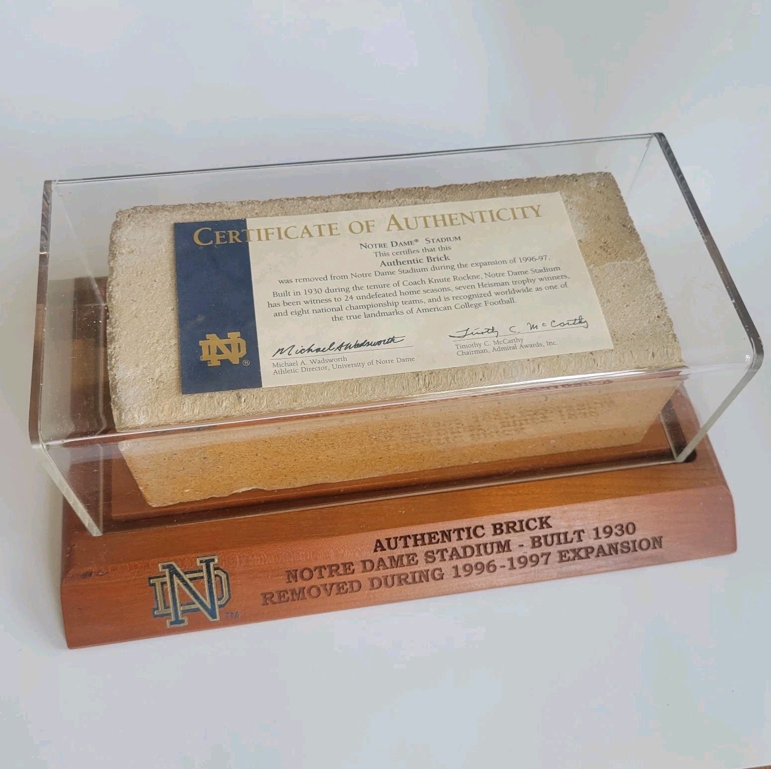 Notre Dame Knute Rockne Era 1930 Brick - 1997 Stadium RENOVATION-DISPLAY & COA