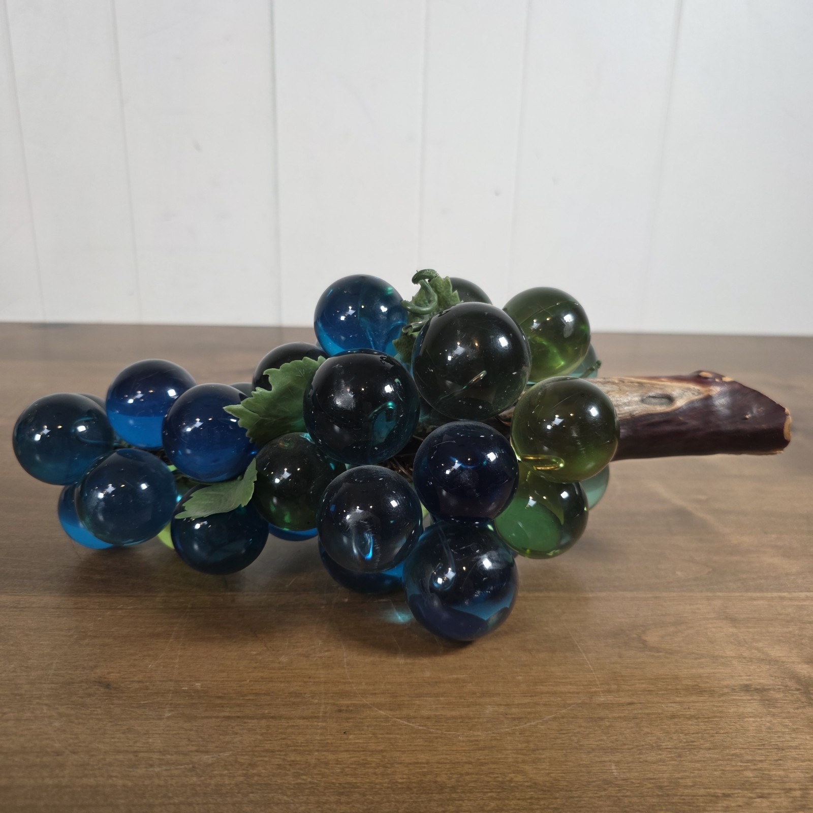 Vintage MCM Mid-Century Lucite Glass Grape Cluster on Driftwood Green & Blue 13”