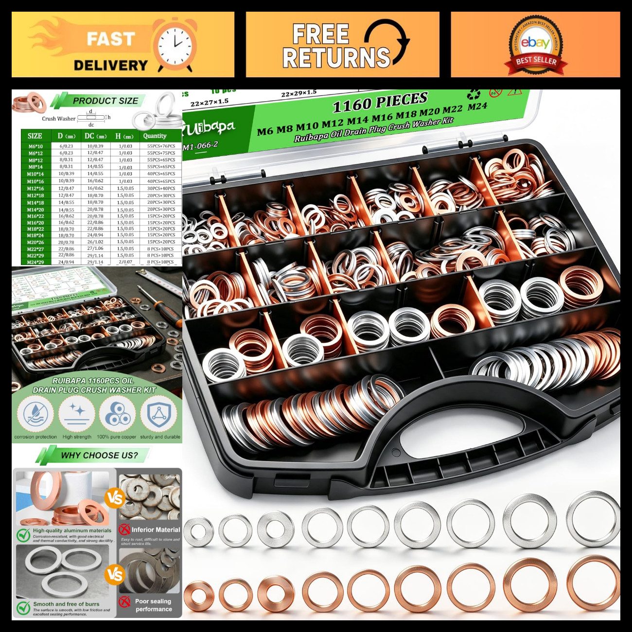 1160PCS Oil Drain Plug Crush Washer Kit - 18 Sizes Aluminum & Copper Gaskets, M6