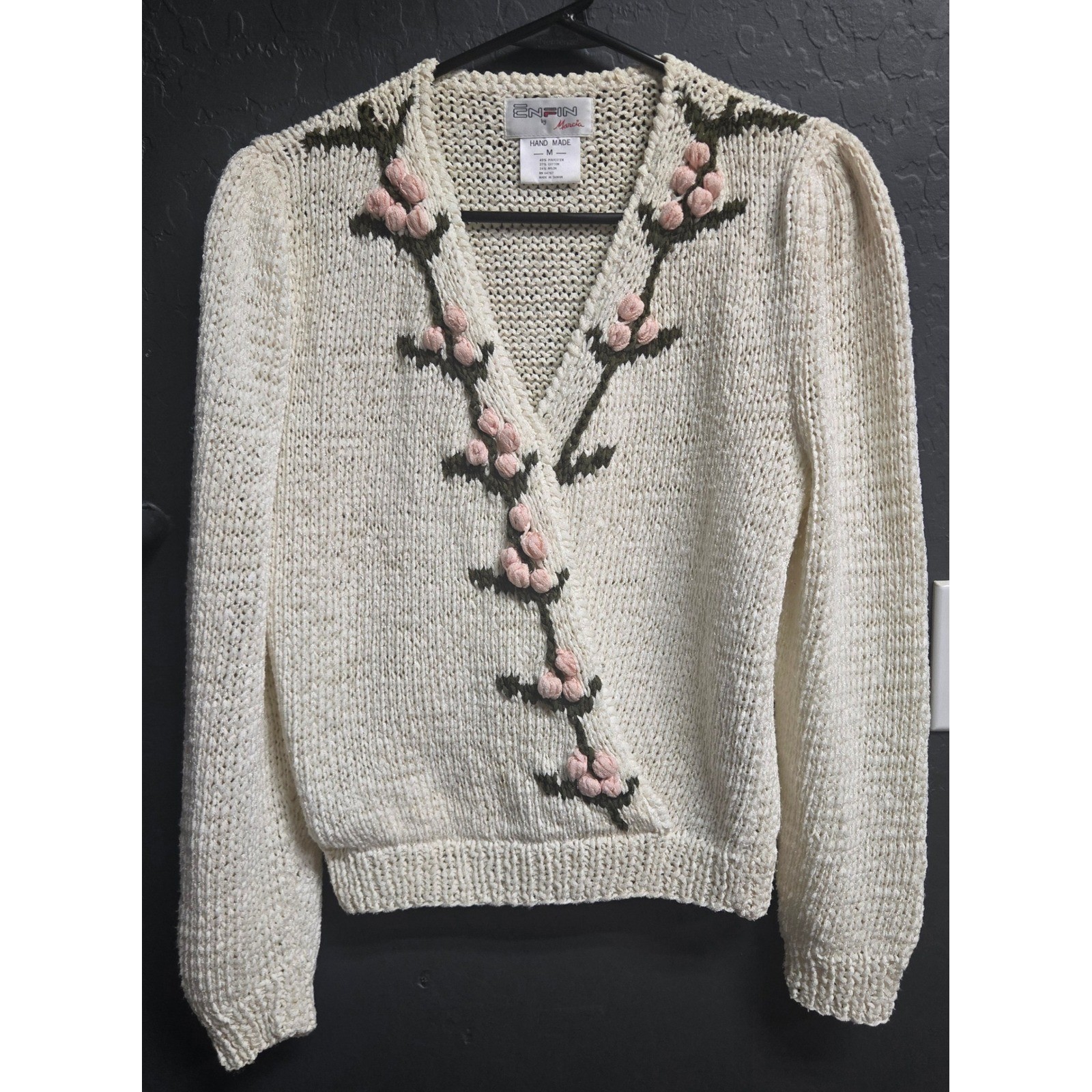 Enfin by Marcia Vintage Handmade Floral Knit Sweater Cream Pink 3D Popcorn M Enfin by Marcia Vintage Handmade Floral Knit Sweater Cream Pink 3D Popcorn M