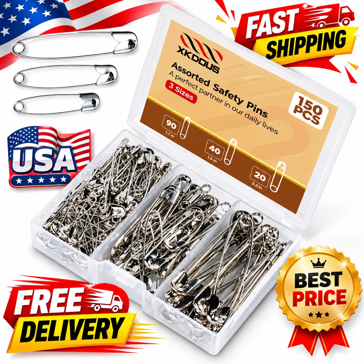 150 Pcs Safety Pins Assorted Sizes Silver Metal Sewing Craft Heavy Duty Bulk