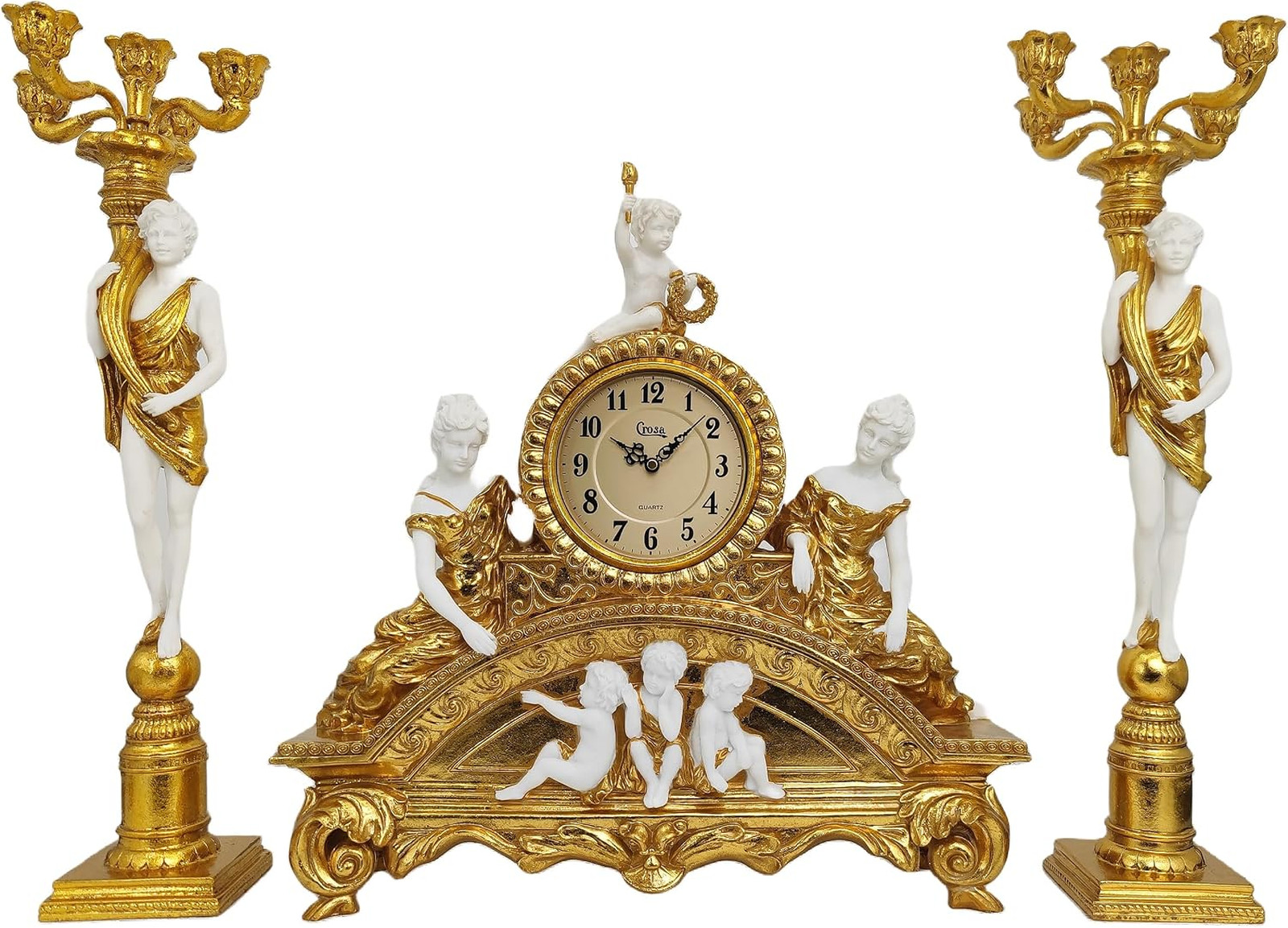 Vintage French Mantel Clock Set with Enamel Dial and Candleholders, 29 Inch
