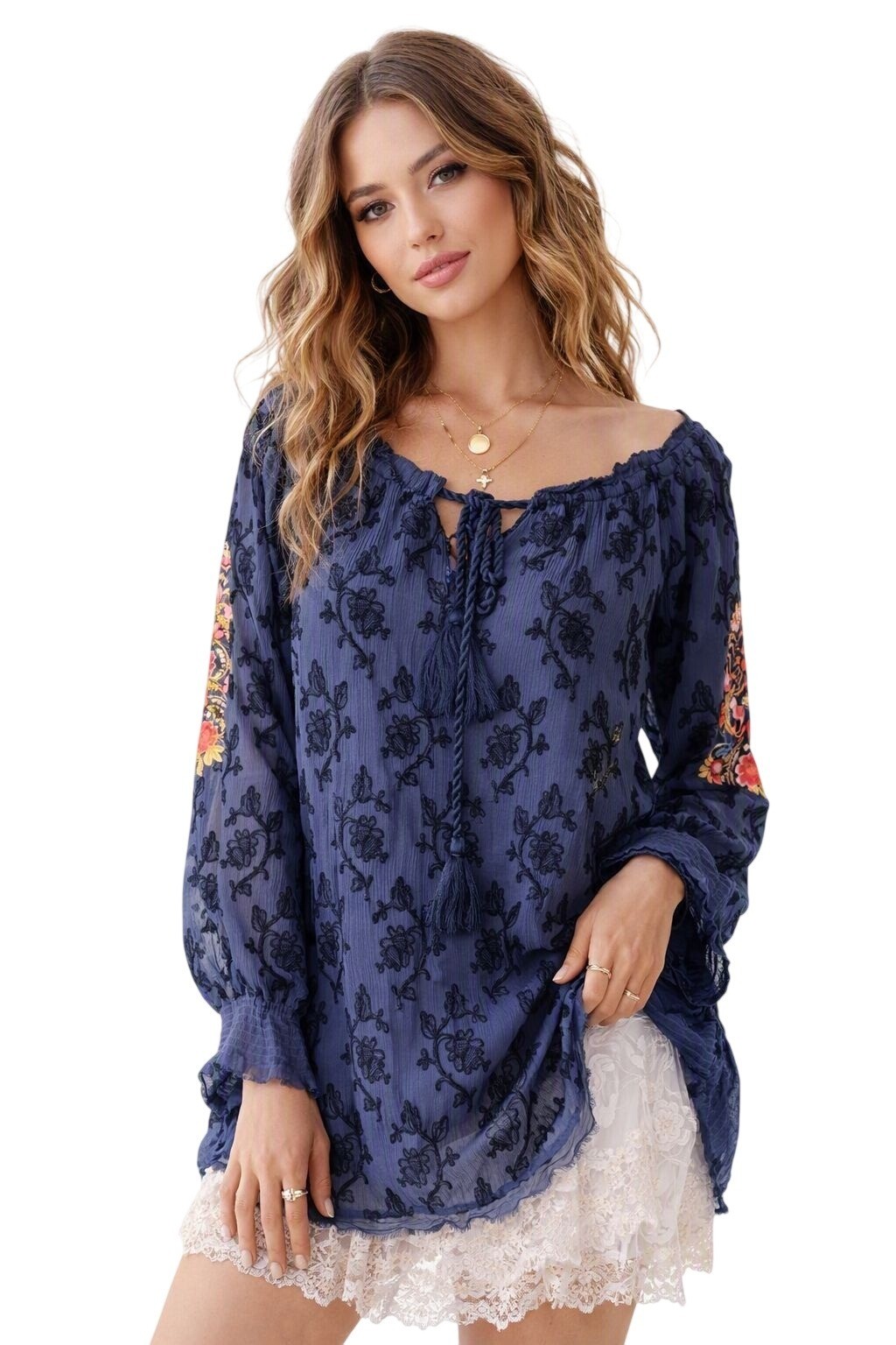 NWT SUNDANCE Womens Navy Gemma Elegance Boho Top Embroidered Blouse Tunic XL NWT SUNDANCE Womens Navy Gemma Elegance Boho Top Embroidered Blouse Tunic XL