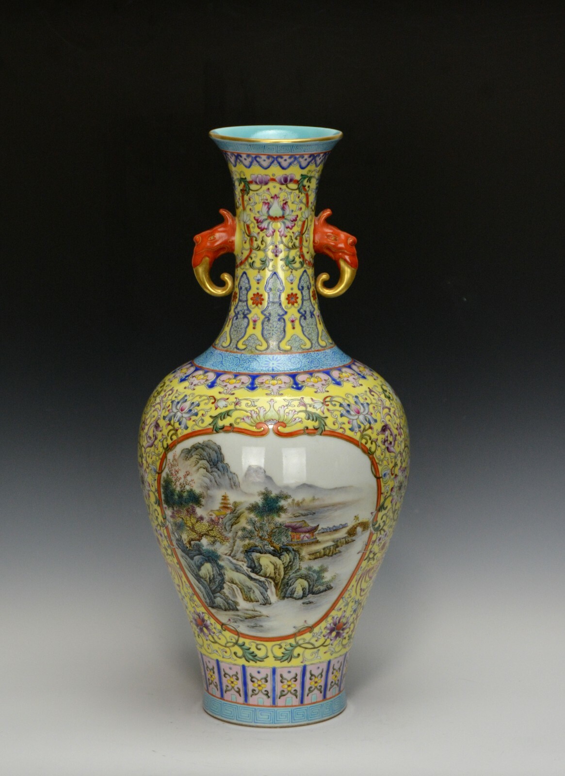 Fine Old Chinese Qing Qianlong MK Yangcai Yellow Ground Landscape Porcelain Vase
