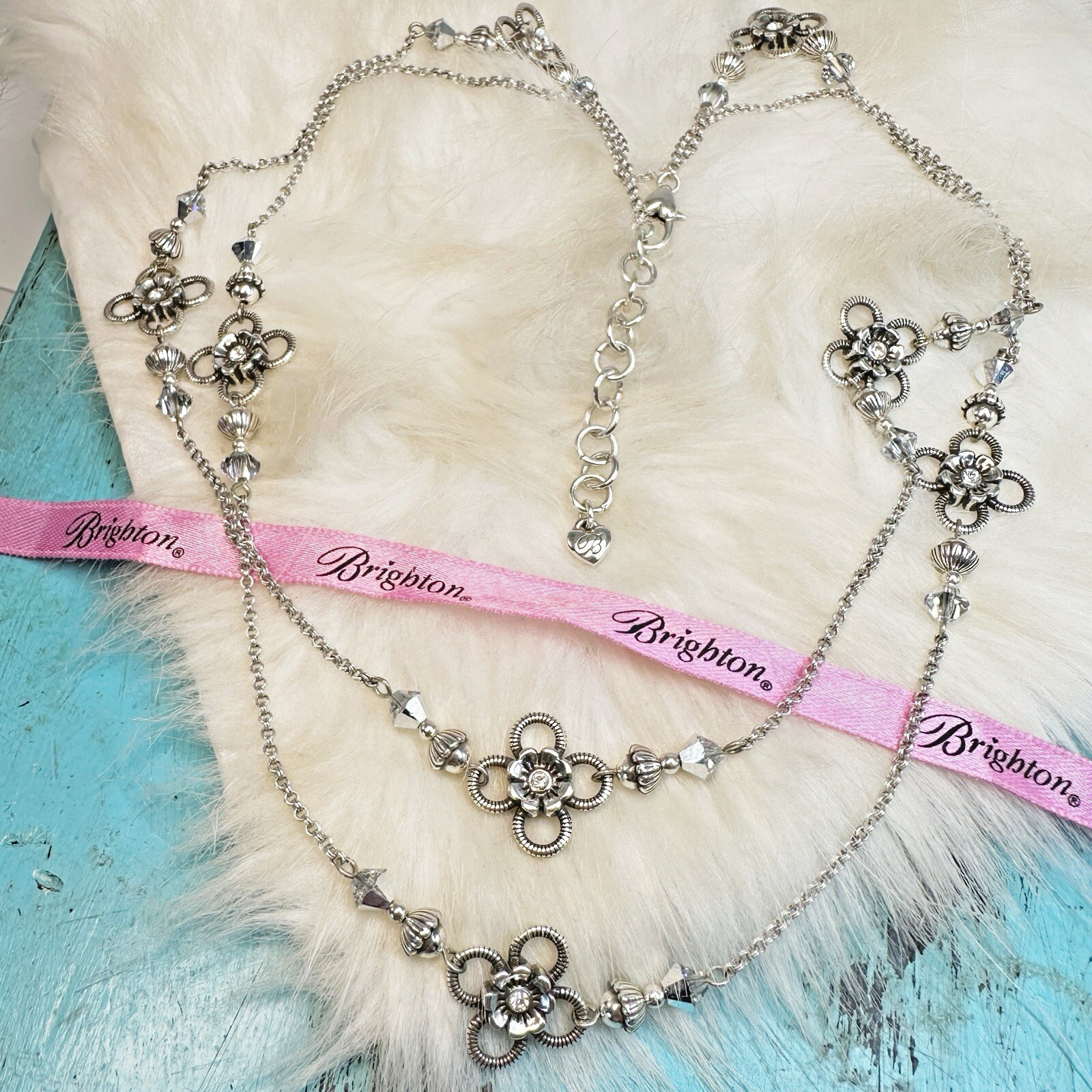 Brighton Flower Crystal Stations Silver Plate Long Necklace 40\ Brighton Flower Crystal Stations Silver Plate Long Necklace 40\