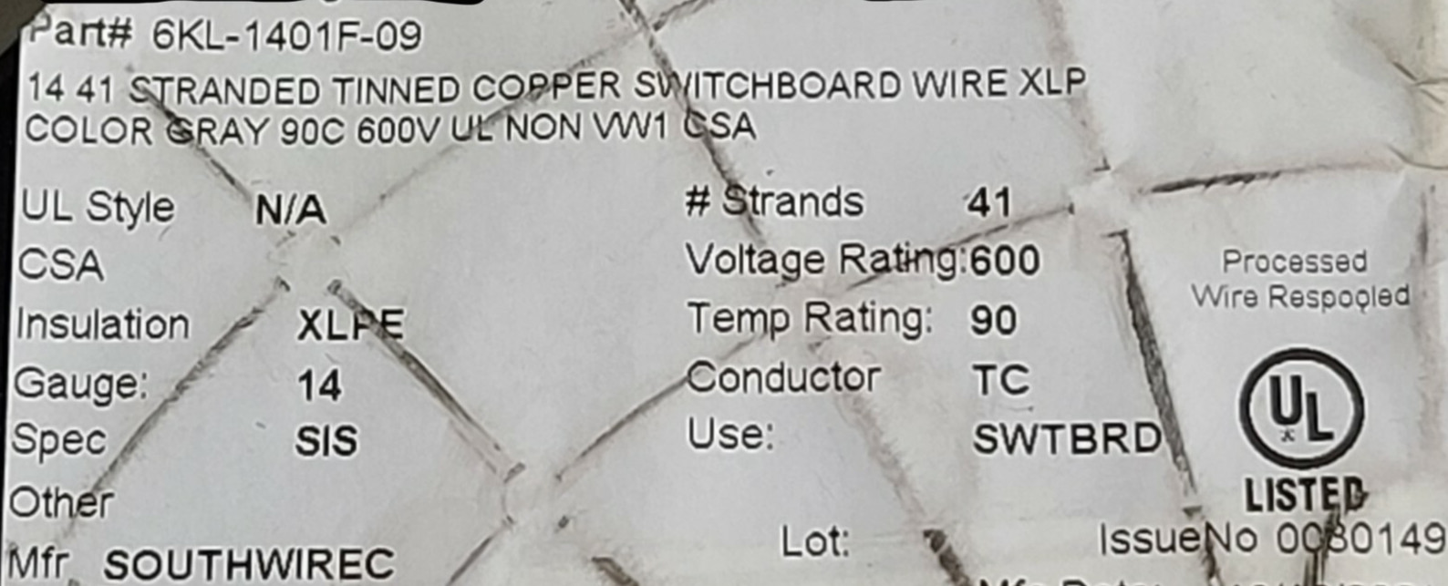 Southwire #14awg 41x30T SIS UL-3173 XLPE Tinned Copper Hook-Up Wire Gray /50ft