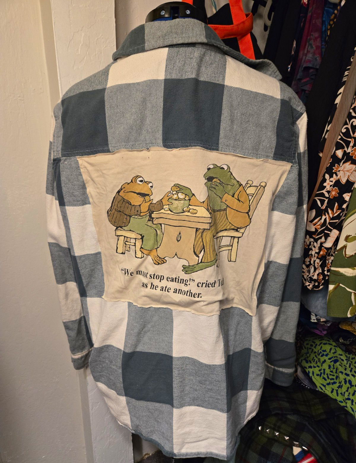 Upcycled women\'s 2XL green/cream flannel with Frog and Toad backpatch Upcycled women\'s 2XL green/cream flannel with Frog and Toad backpatch