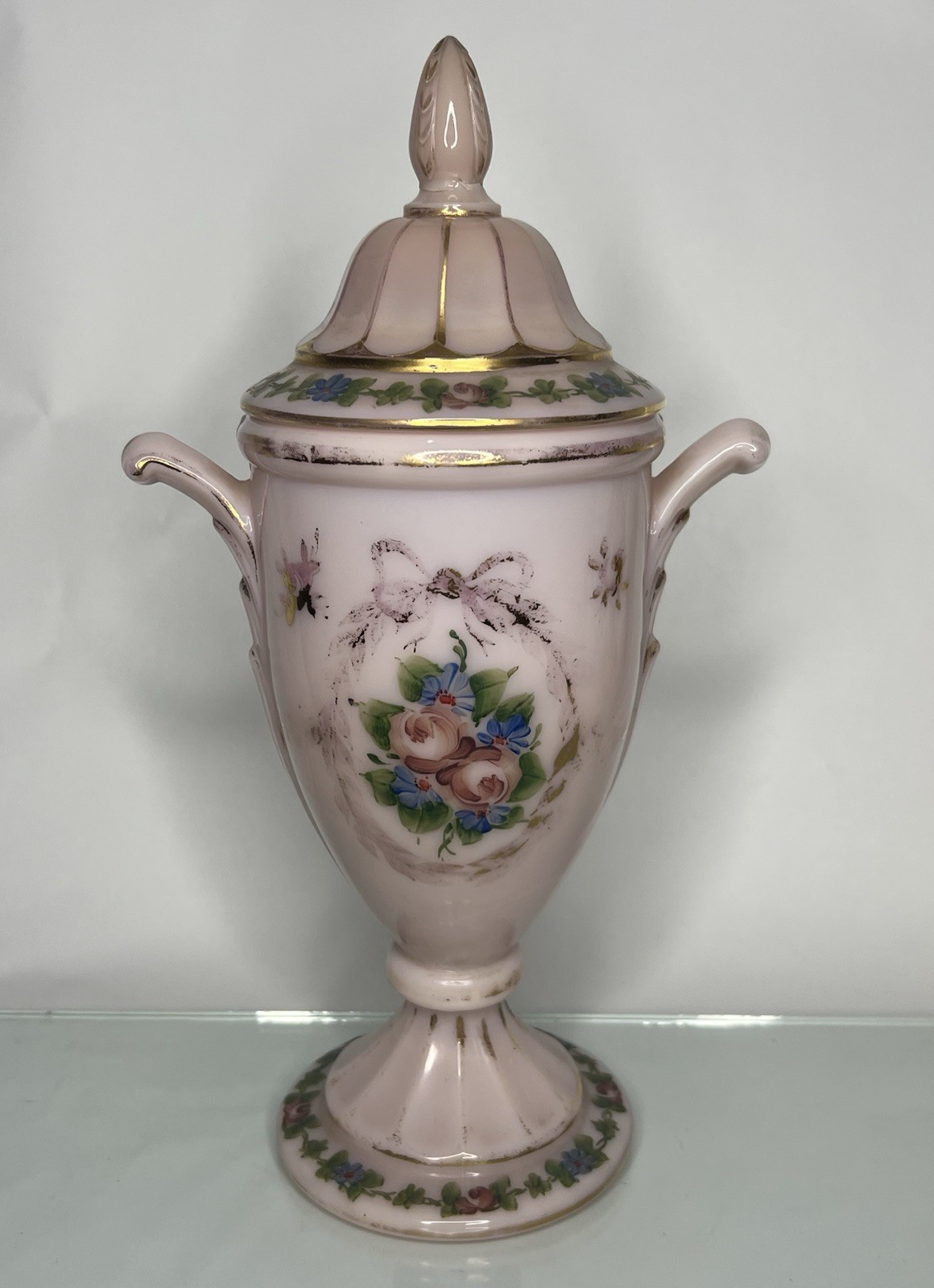 ANTIQUE Cambridge Crown Tuscan Glass Covered Urn In Pink w HP’ed Floral-RARE ANTIQUE Cambridge Crown Tuscan Glass Covered Urn In Pink w HP’ed Floral-RARE