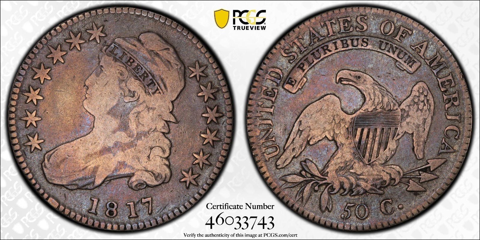 1817 CAPPED BUST HALF DOLLAR PUNCTUATED DATE PCGS VG8 181.7 NICELY TONED